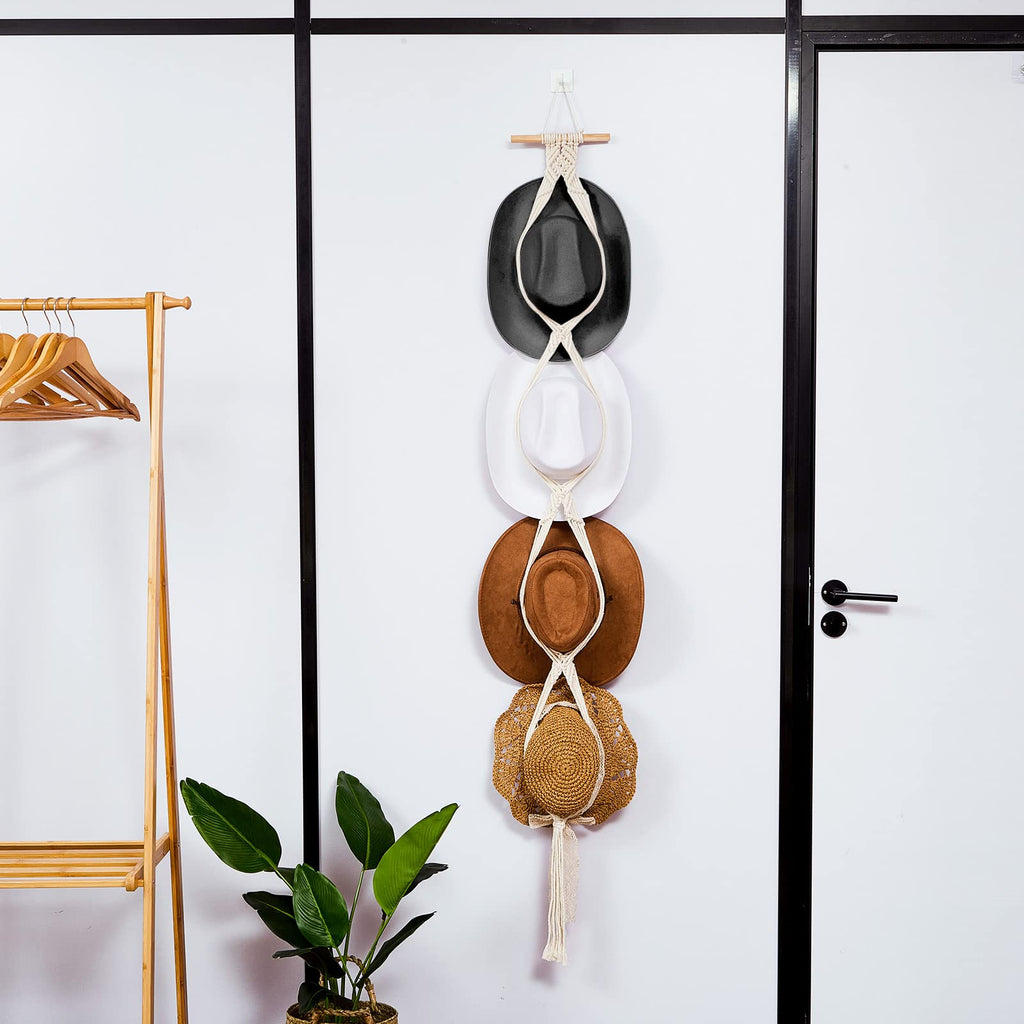 Yulejo Macrame Hat Hangers Boho Hat Rack for Wall Western Cowboy Hanging Organizer for Door Wall Room Bedroom