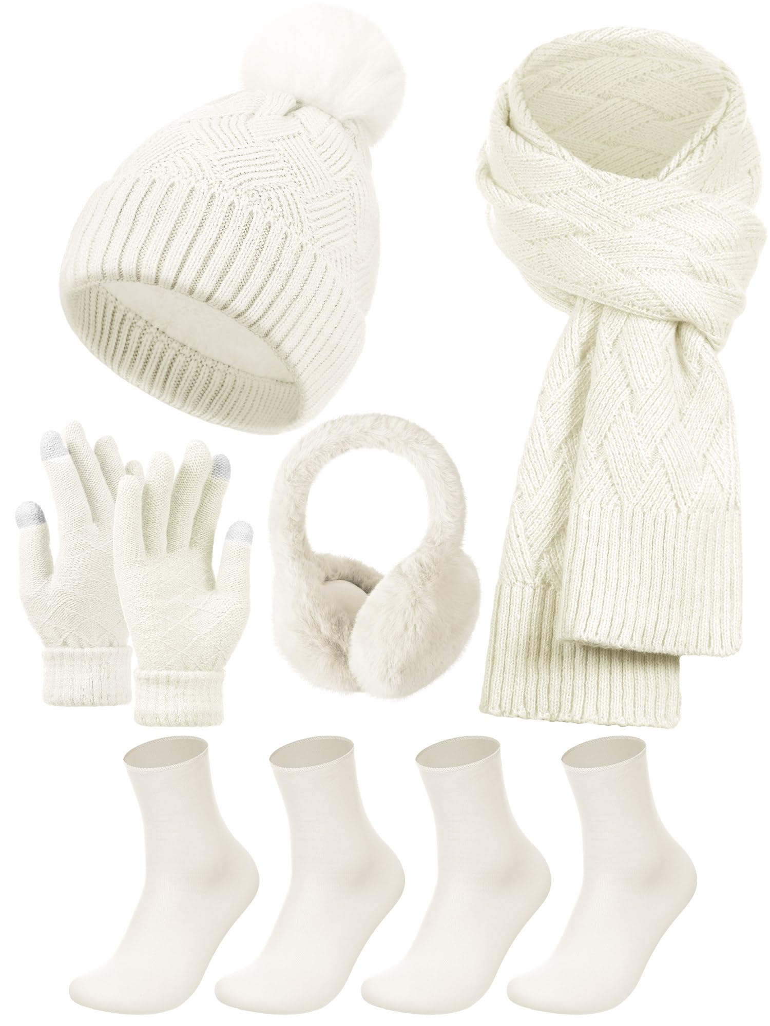 Geyoga 6 Pcs Winter Warm Set for Women Warm Beanies Hats Touchscreen Gloves Long Scarf Ear Muffs Socks Winter Gifts for Women