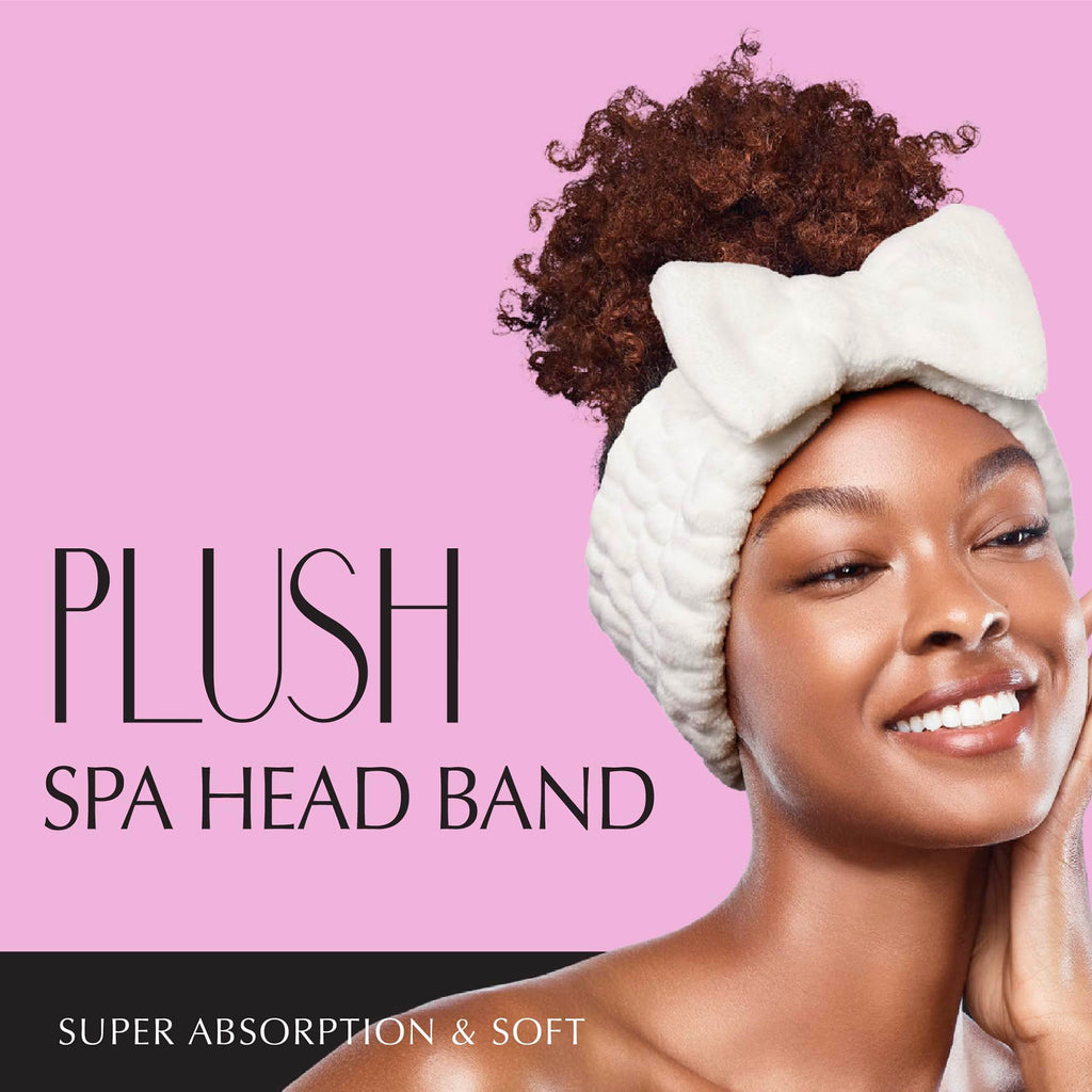 Red by Kiss Spa Headband for Washing Face Facial Makeup Bow Head Band Soft Plush Fleece Stretchy Head Wraps for Women Shower Bath Washing Face Mask (WHITE)