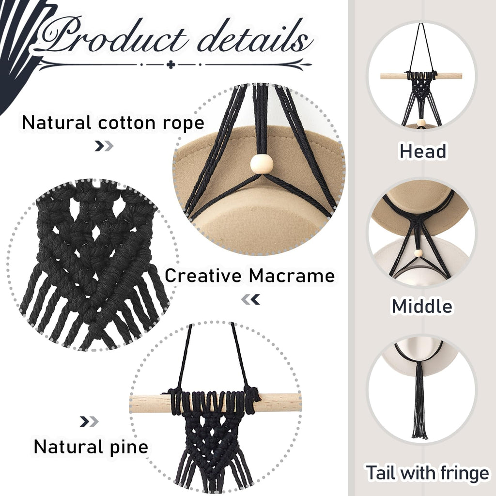 Yulejo Macrame Hat Hangers Boho Hat Rack for Wall Western Cowboy Hanging Organizer for Door Wall Room Bedroom