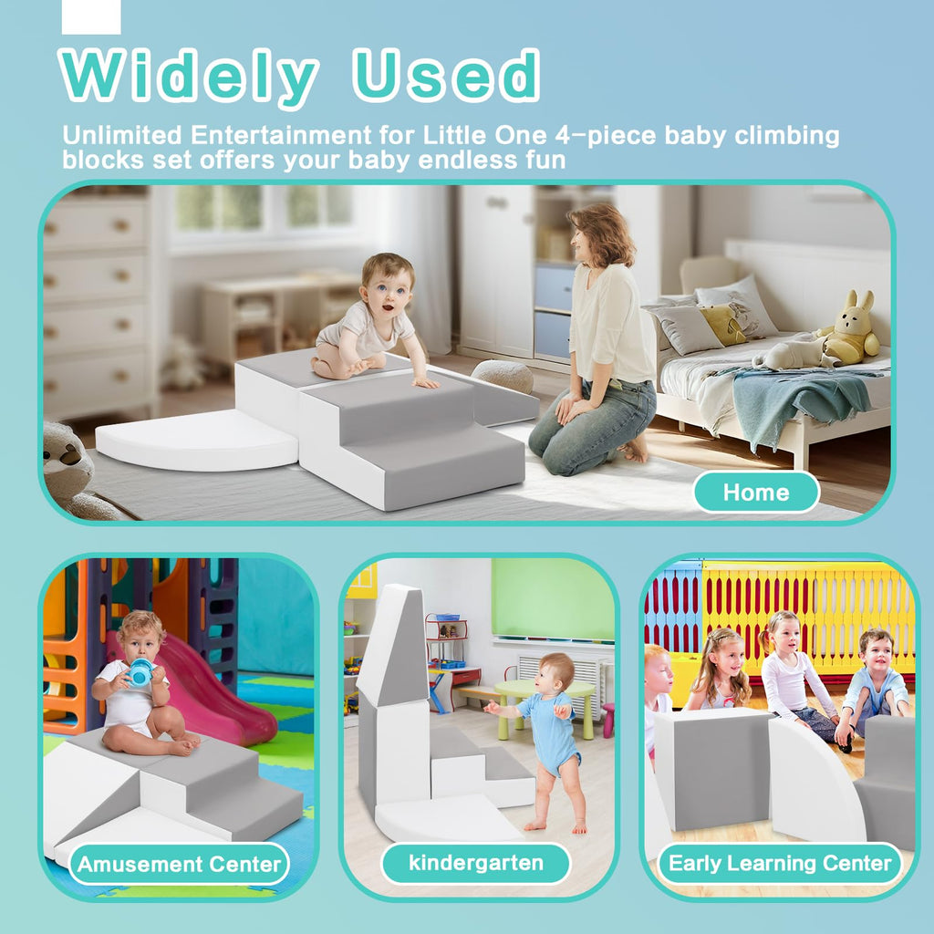 4-Piece Soft PU Leather Toddlers Climbing Toys, Baby Foam Climbing Blocks for Toddlers 3, Foam Play Gym Climbing Structures, Indoor Climb and Crawl Activity Play Set (White and Coffee)