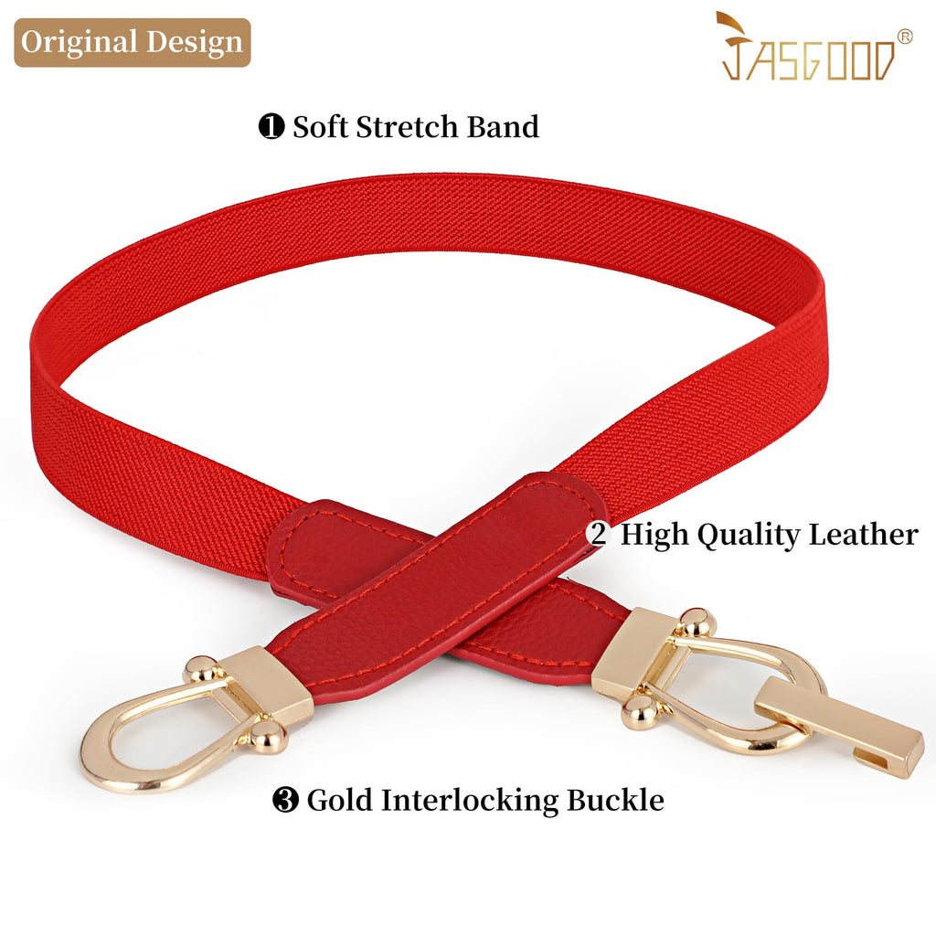JASGOOD Women Skinny Elastic Belt for Dresses,Thin Retro Stretch Waist Belt with Golden Buckle