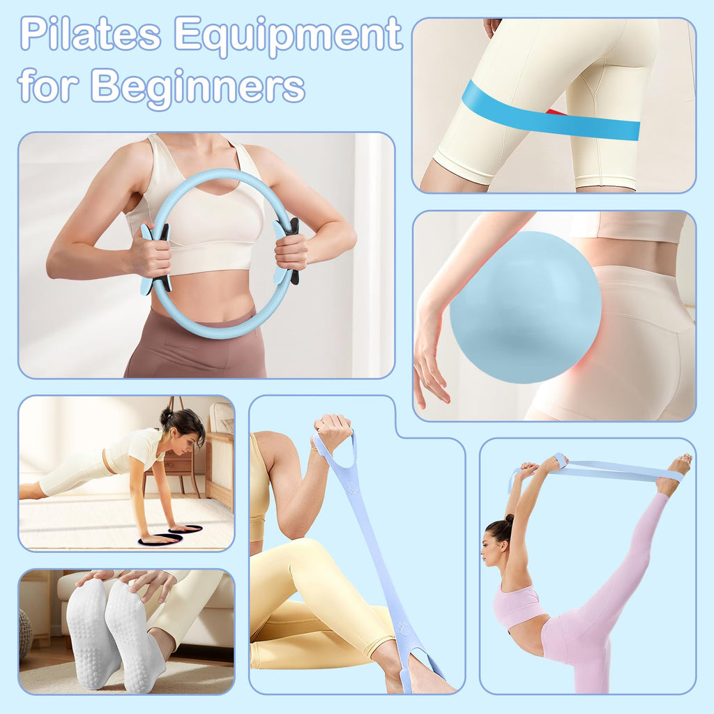Hoedia 17 PCS Pilates Kit for Women, Pilates Equipment Ring and Ball Set with Resistance Bands, Yoga Strap, Core Sliders, Socks, Bag & Guide for Starter Home Workout Fitness Gym Essentials