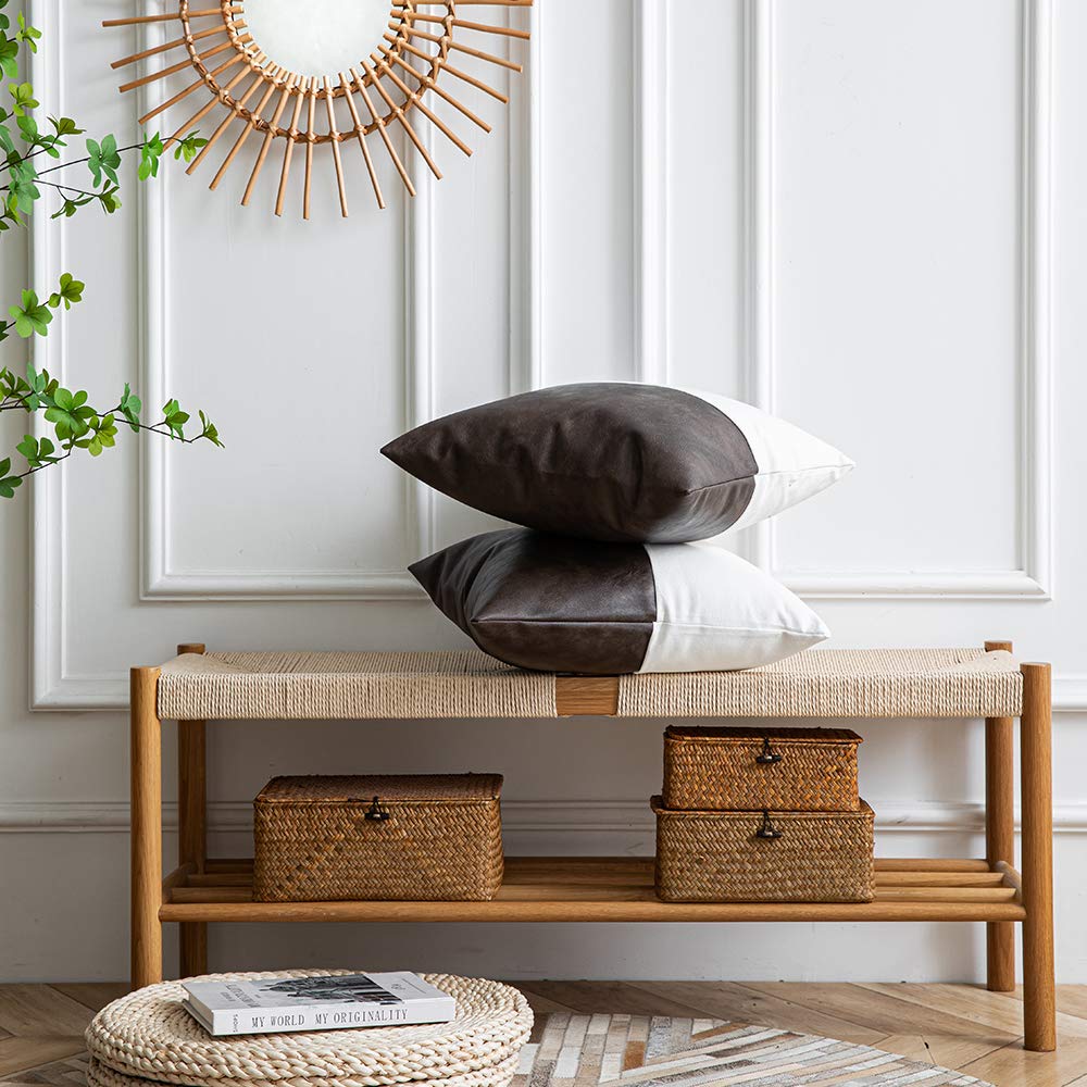 DEZENE Leather Throw Pillow Covers, Set of 2 Modern Leather/Cotton Decorative Pillowcases for Home Decor Bedroom Living Room Couch Bed Sofa, 18x18 Inch, Cognac-Brown and White