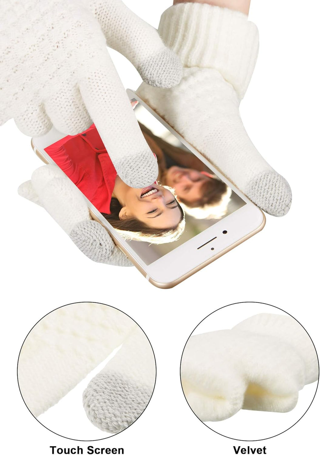 SATINIOR 5 Pcs Winter Hat Scarf Gloves Set Fleece Warm Lined Knit Beanie Hat Touch Screen Earmuff Gloves Warmer for Women(Beige,Classic Style)