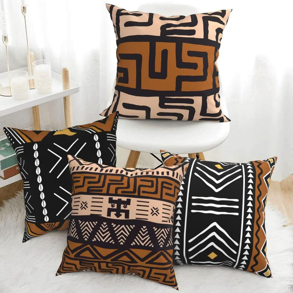 Western Native American Throw Pillow Covers 18X18 Southwestern Boho Aztec Navajo Turquoise Decorative Cushion Pillow Cases for Outdoor Home Decor Set of 4, Double Side Print (African Mudcloth)