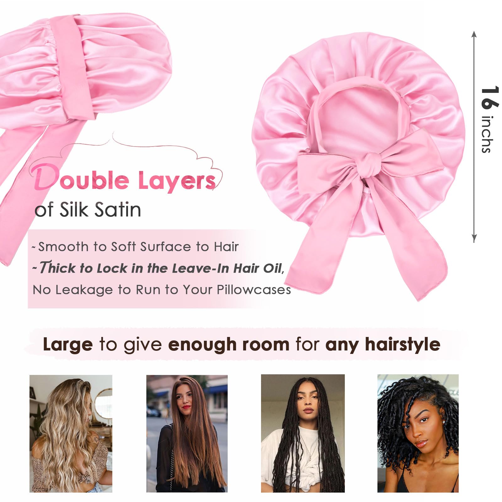 YANIBEST Silk Bonnet for Sleeping Women Satin Bonnet Double Layer Satin Lined Hair Bonnet with Tie Band Curly Hair Blush Pink