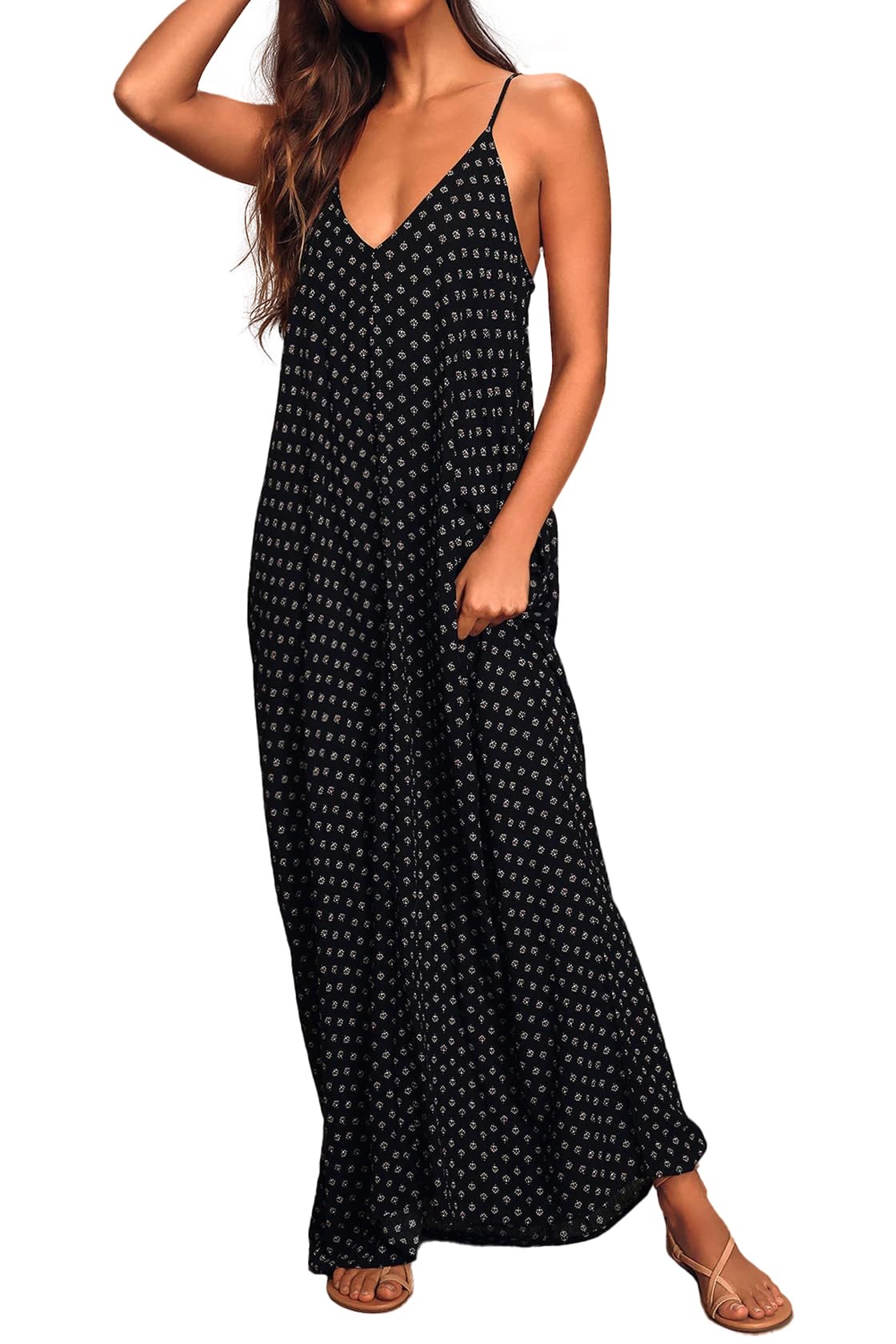 Poetsky Womens Casual Strappy V Neck Sleeveless Flowy Pockets Loose Long Maxi Beach Dress Sundress