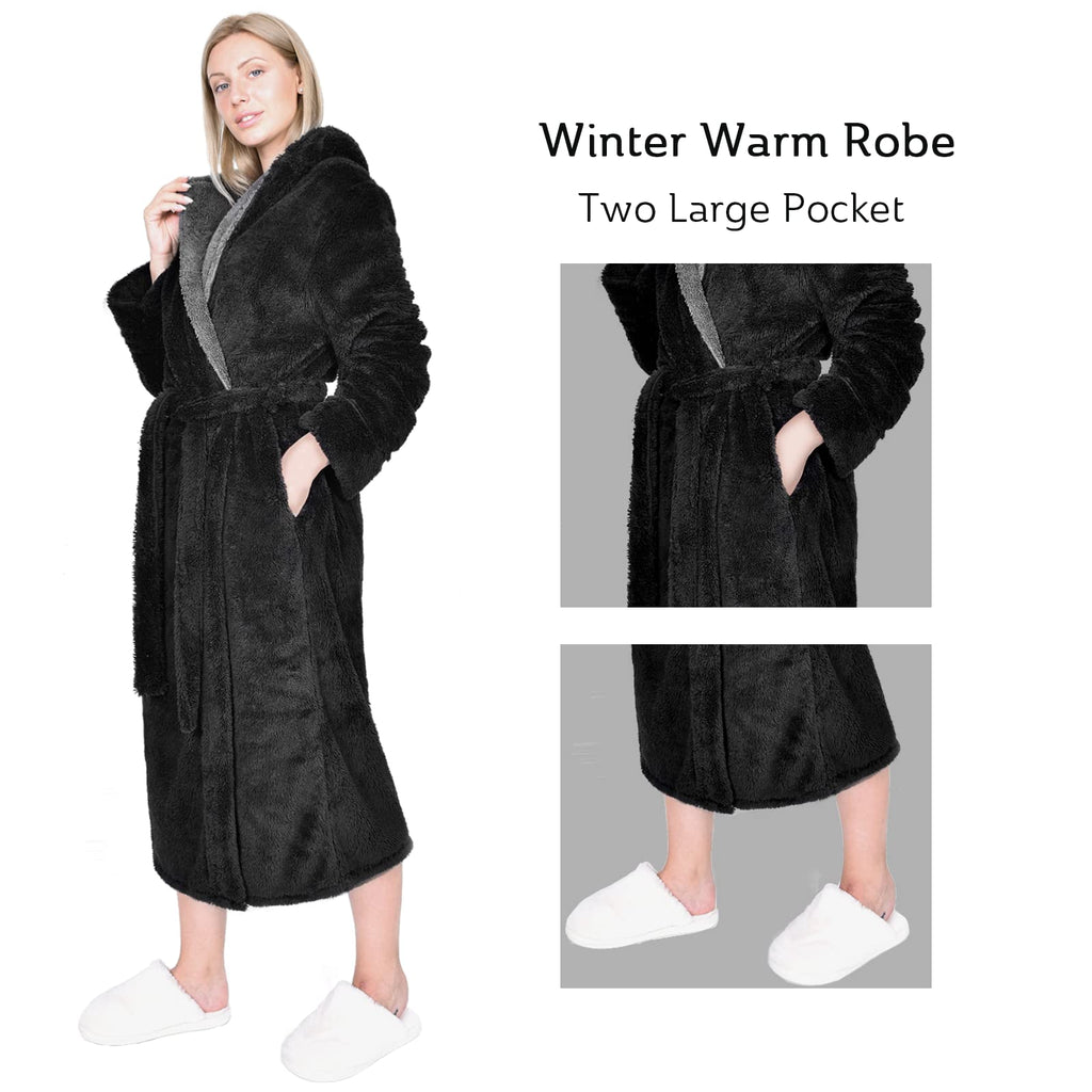 Hellomamma Long Hooded Robe for Women Luxurious Flannel Fleece Full Length Bathrobe Winter Warm Pajamas Shower Nightgown