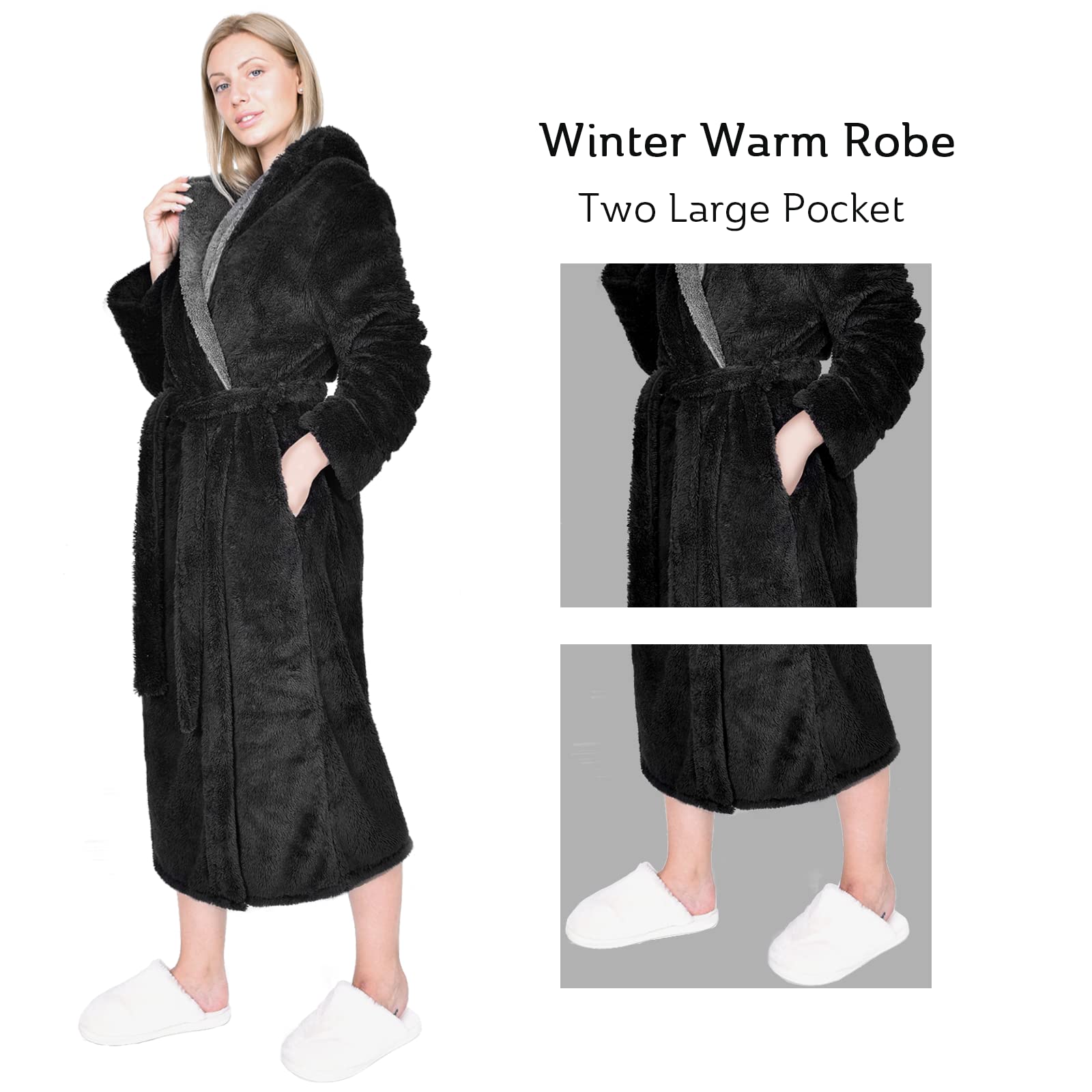 Hellomamma Long Hooded Robe for Women Luxurious Flannel Fleece Full Length Bathrobe Winter Warm Pajamas Shower Nightgown