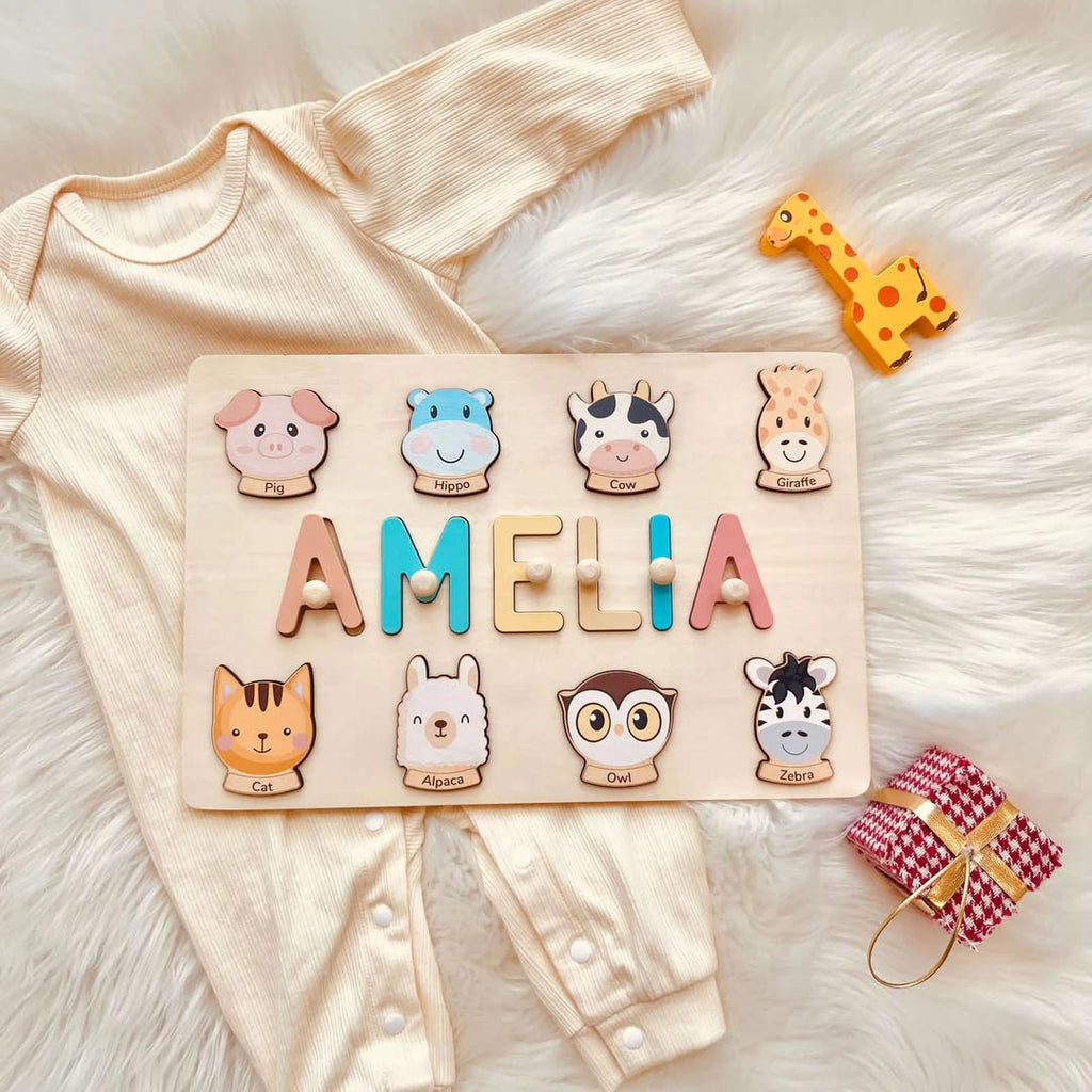Personalized Name Puzzle for Kids, Personalized Baby Gifts Custom Name Puzzles for Toddlers 1-3 Animal Puzzle, Customized 1st Birthday for Girls & Boys Wooden Puzzle Montessor Toys for Kids