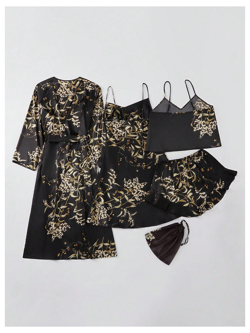 GORGLITTER Women's 5 Piece Floral Print Satin Pajama Set Nightgown Robe Cami Shorts Sleepwear with Storage Bag