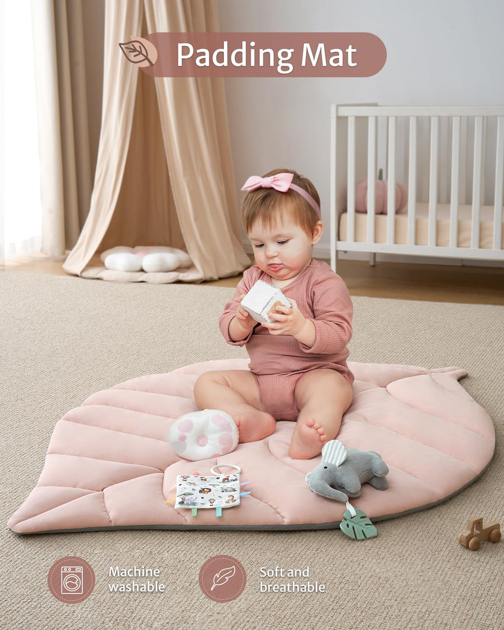 Blissful Diary Baby Play Gym & Activity Mat, Oversize Leaf Shaped Baby Play Mat w 6 Detachable Toys, Tummy Time Mat Promote Motor Skills & Sensory Development Mat, Newborn Infant Baby Essentials Gift