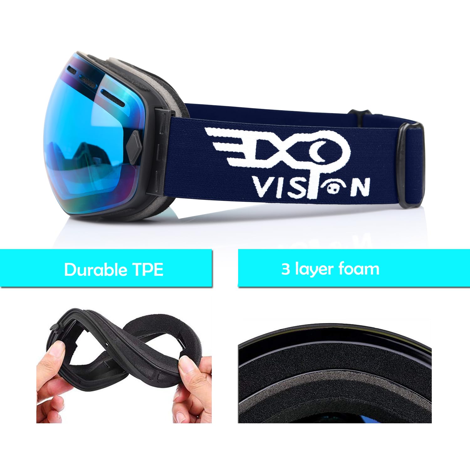 EXP VISION Snowboard Ski Goggles Men Women Youth, Anti Fog OTG Winter Snow Goggles Spherical Detachable Lens