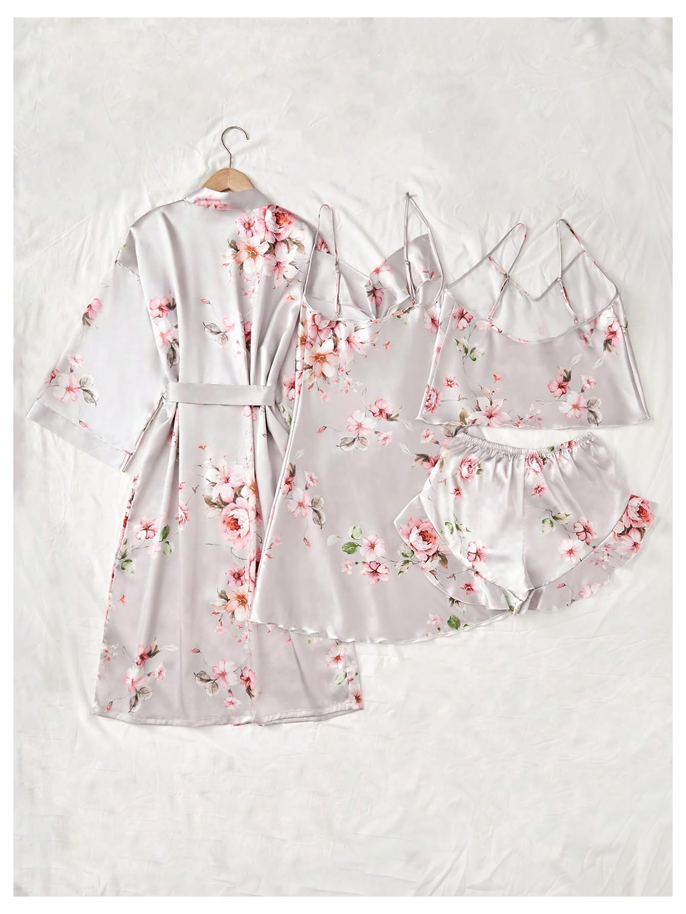 GORGLITTER Women's 5 Piece Floral Print Satin Pajama Set Nightgown Robe Cami Shorts Sleepwear with Storage Bag