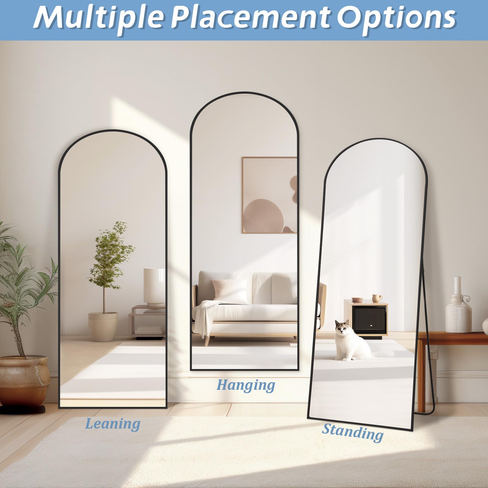Oversized Floor Mirror Full Length with Stand, 72"X44" Extra Large Arch Standing Mirror Full Length, Tempered Glass Black Full Body Mirror for Bedroom Living Room, Aluminum Alloy Frame