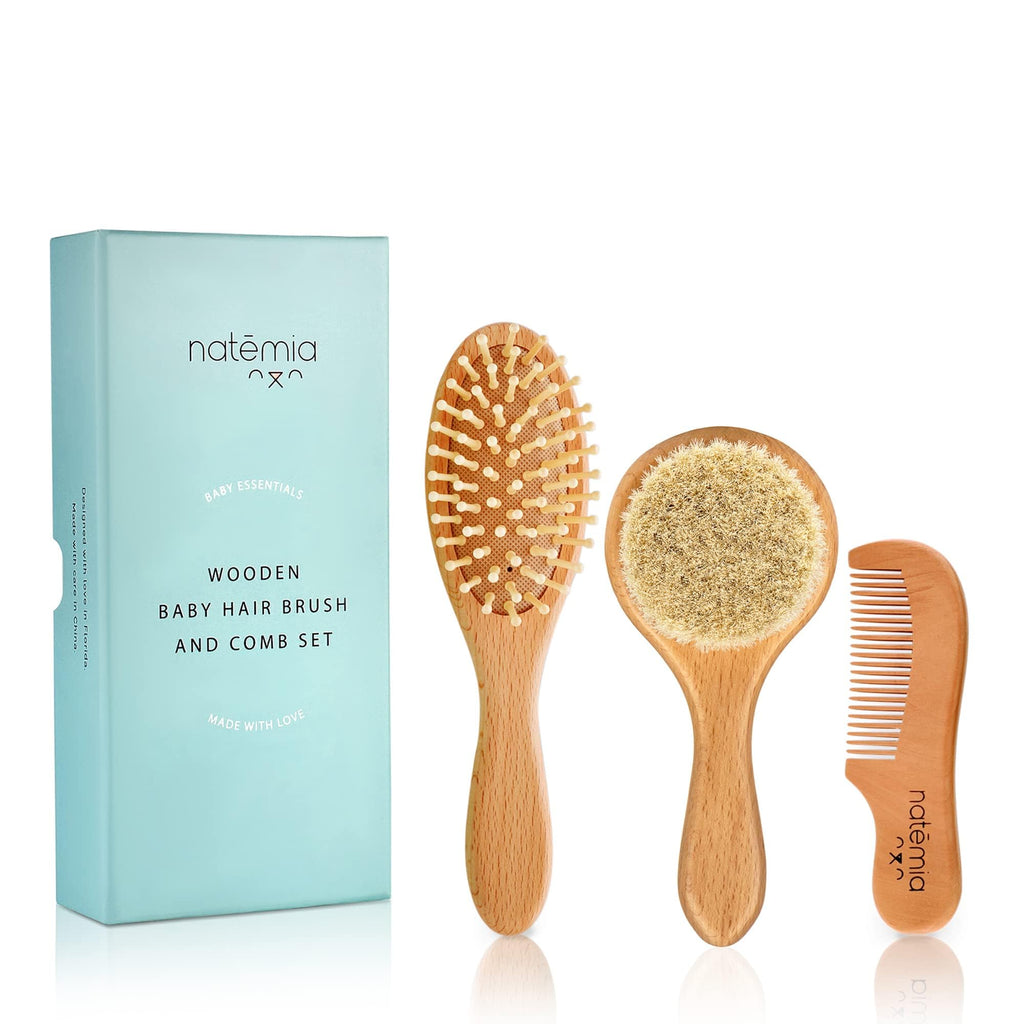 Natemia Wooden Baby Hair Brush & Comb Set - Pack of 3, Oval - Natural Goat Hair Bristles & Soft Bristle Brush - Gentle Scalp Massage & Cradle Cap Comb - For Newborns & Toddlers, Baby Grooming Kit