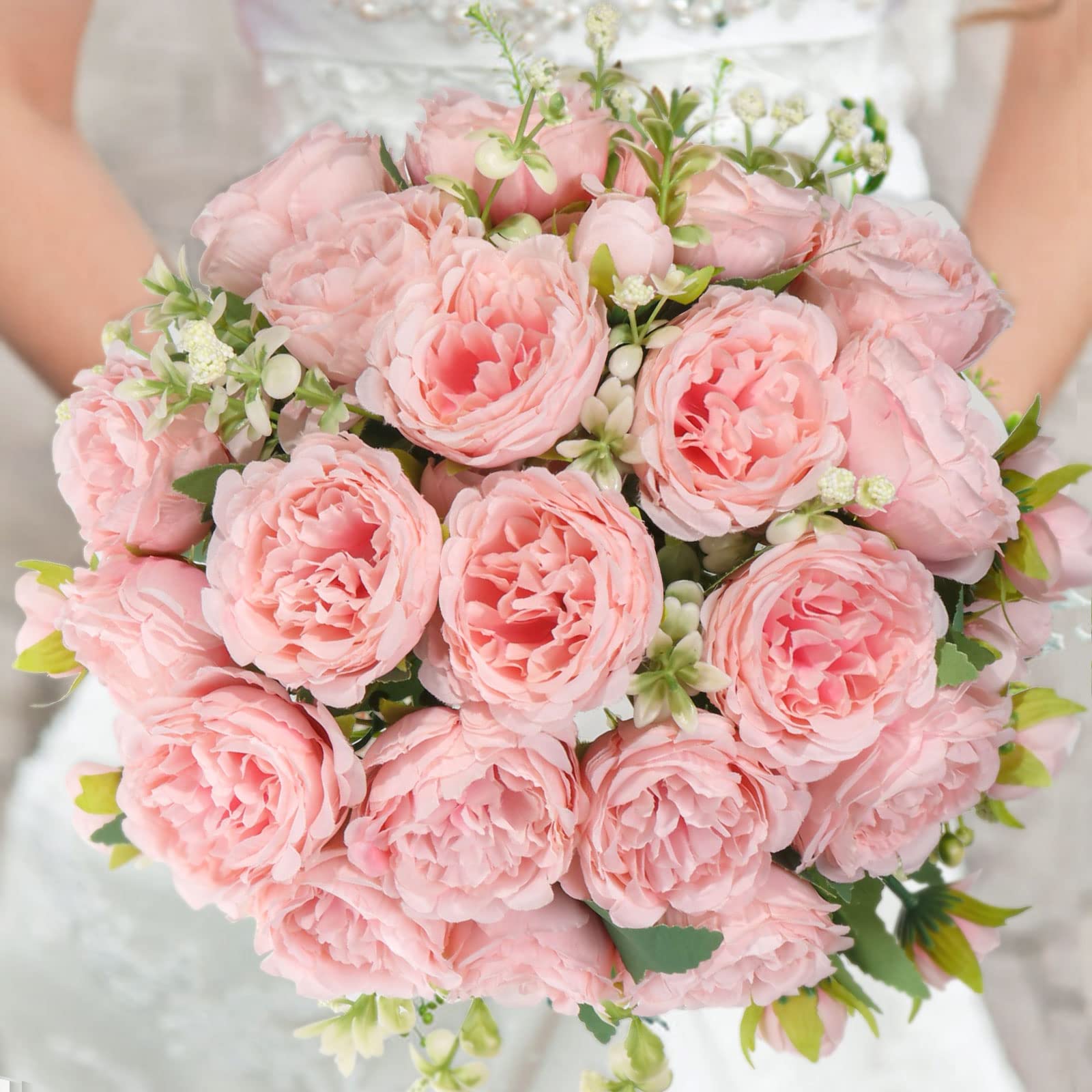 4 Bundles Artificial Peonies Silk Flowers, White Faux Peony Bouquet Florals Arrangements Decor for Farmhouse Home Boho Wedding Table Centerpiece, Fake Plastic Flowers Bulk Vase Decoration (White)