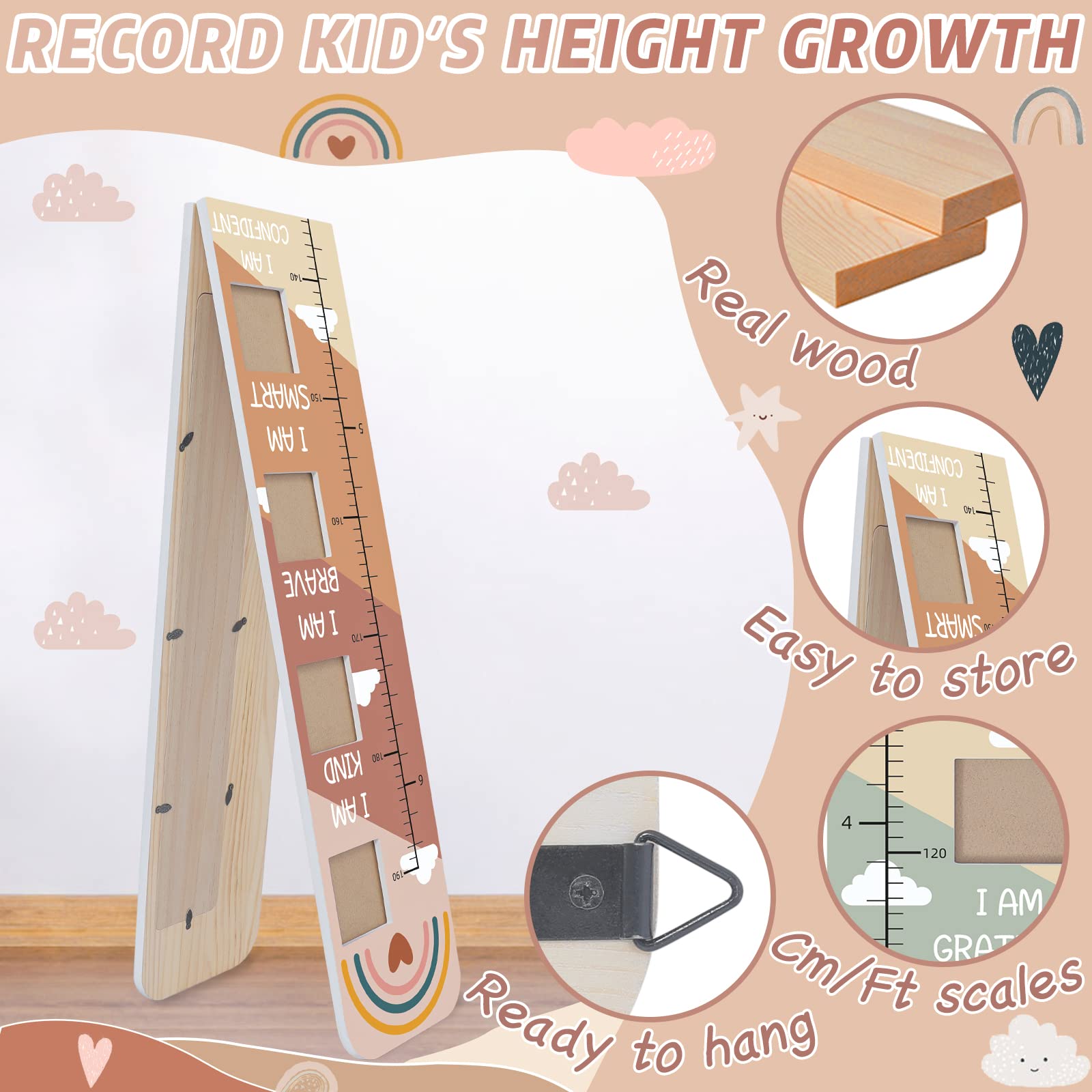 Garybank Solid Wood Growth Chart for Kids with Picture Frames, Height Measurement Ruler Milestone Markers, Foldable Kids Height Wall Chart, Christmas Keepsake Gift for Toddler Boy Girl Room Wall Decor