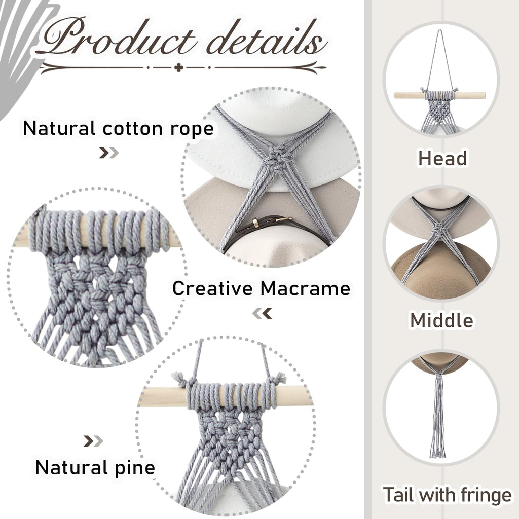 Yulejo Macrame Hat Hangers Boho Hat Rack for Wall Western Cowboy Hanging Organizer for Door Wall Room Bedroom