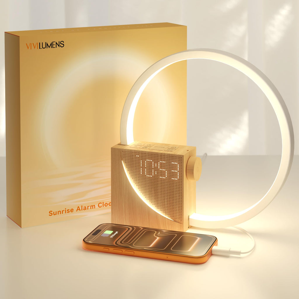 Vivilumens Sunrise Alarm Clock for Heavy Sleepers Adults, Wake-up Light, Sleep Aid 10 White Noise Sound Machines with 30/60/90 Timer, 3 Level Dimmable Touch Table Lamp with Snooze USB Charger Port