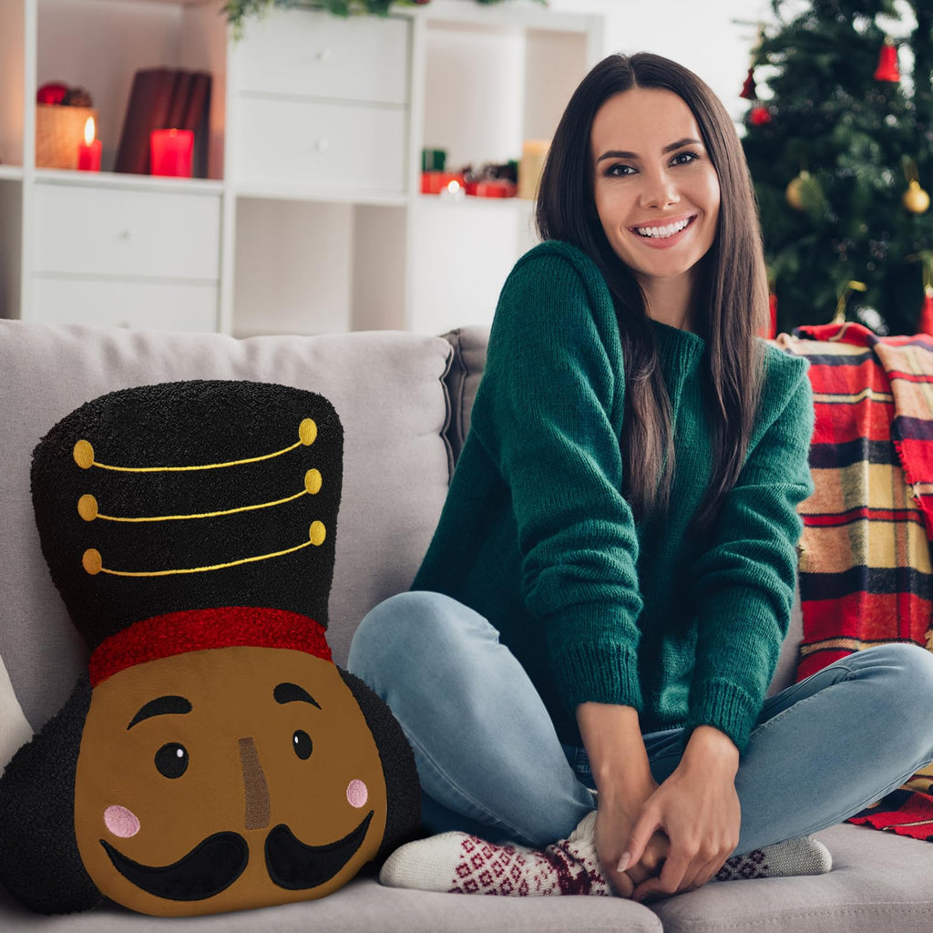 Nutcracker Christmas Throw Pillow Christmas Nutcracker Shaped Decoration Decorative Cushion 14.5‘' x 13‘' Faux Rabbit Fur Embroidered Pillow Xmas Gift for Home Sofa Chair Bed(African American)