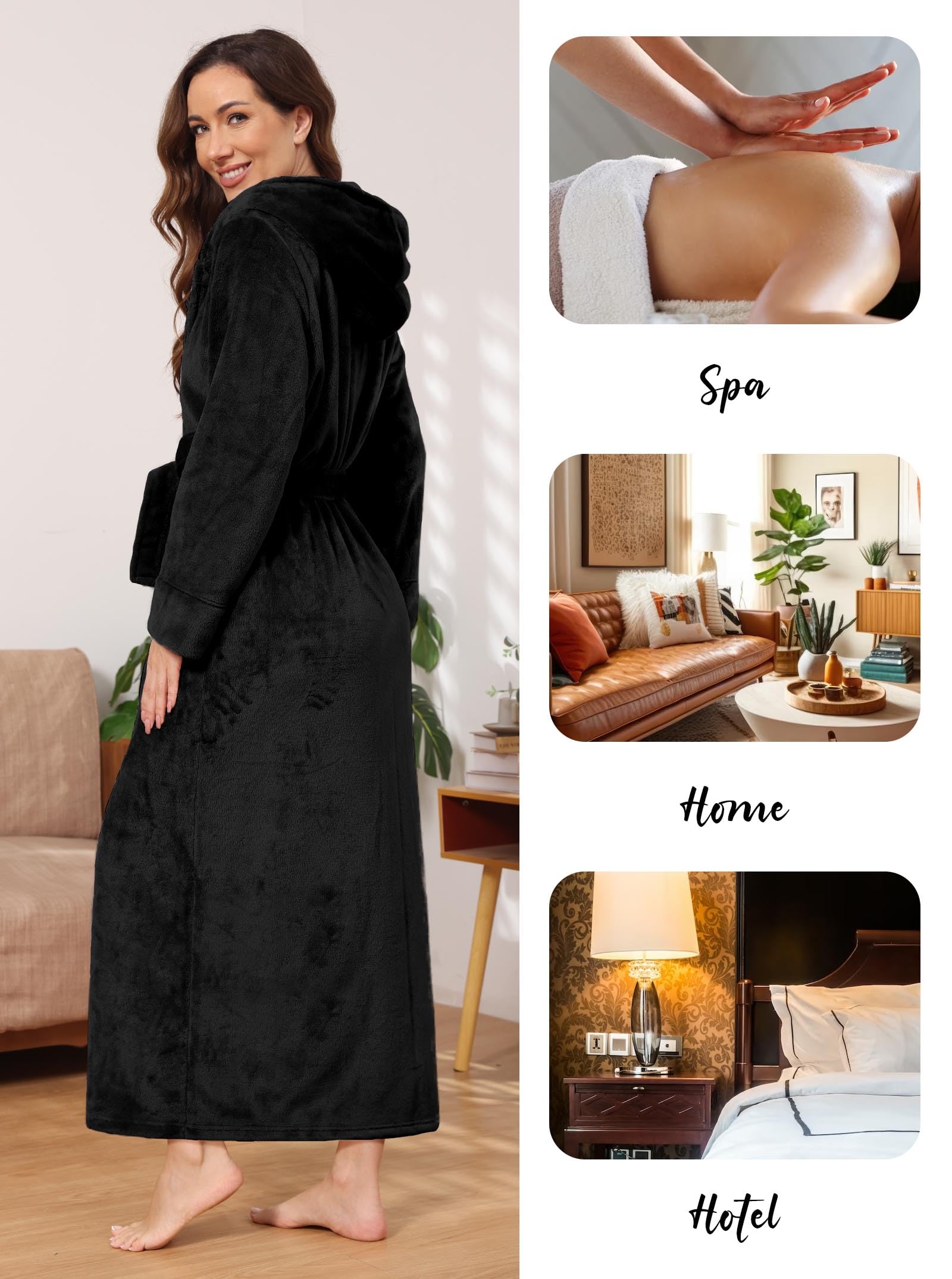 Hellomamma Long Hooded Robe for Women Luxurious Flannel Fleece Full Length Bathrobe Winter Warm Pajamas Shower Nightgown