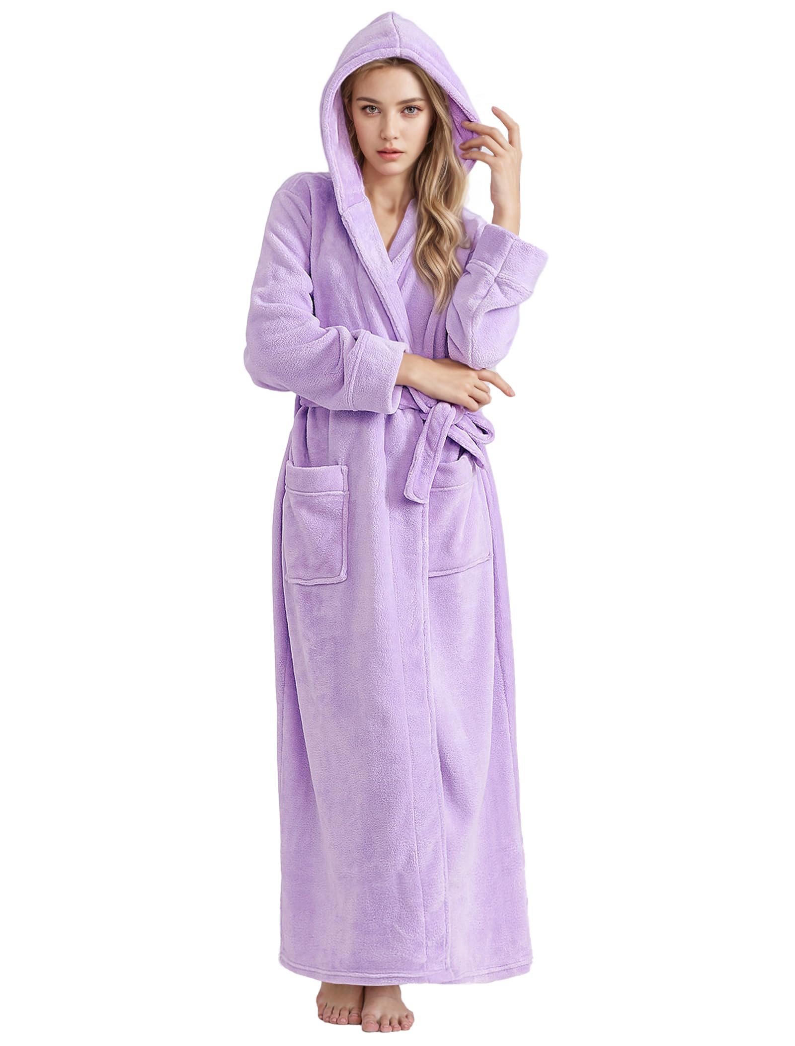 Hellomamma Long Hooded Robe for Women Luxurious Flannel Fleece Full Length Bathrobe Winter Warm Pajamas Shower Nightgown