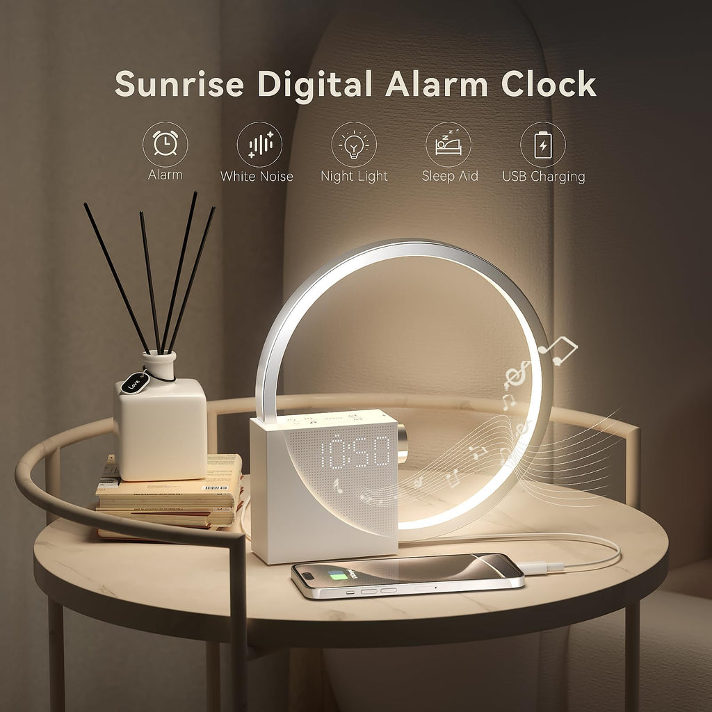 Vivilumens Sunrise Alarm Clock for Heavy Sleepers Adults, Wake-up Light, Sleep Aid 10 White Noise Sound Machines with 30/60/90 Timer, 3 Level Dimmable Touch Table Lamp with Snooze USB Charger Port