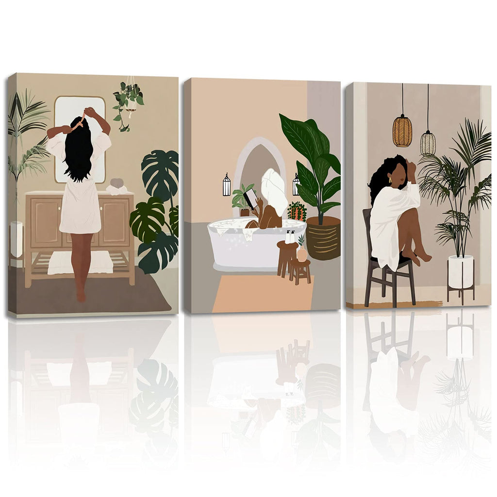 Framed Abstract African American Black Woman Canvas Wall Art, Boho Fashion Flower Art print, Black Women Bedroom Home Decor, Black Girl Poster