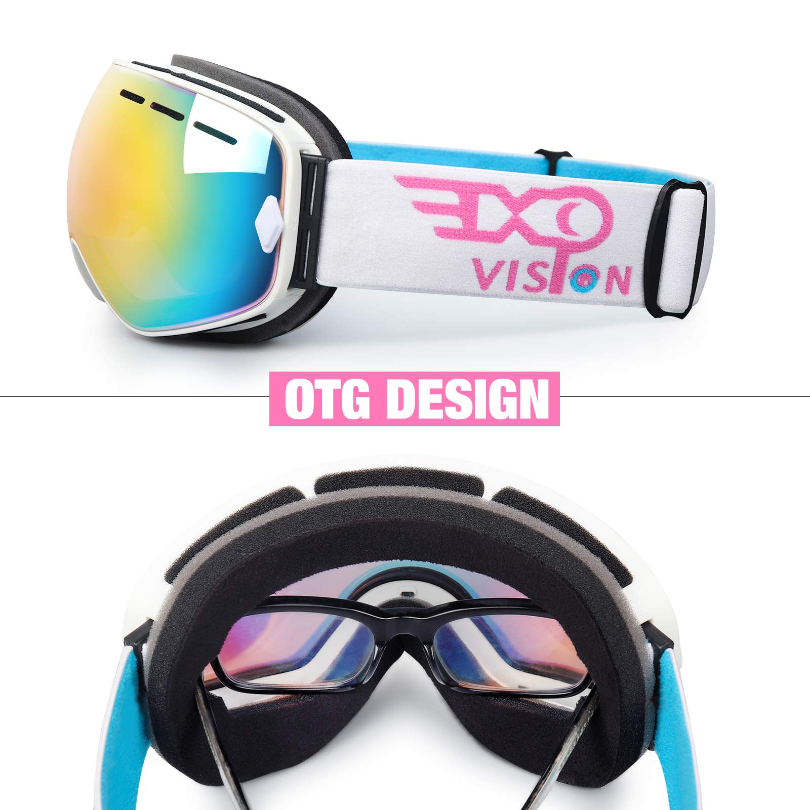 EXP VISION Snowboard Ski Goggles Men Women Youth, Anti Fog OTG Winter Snow Goggles Spherical Detachable Lens