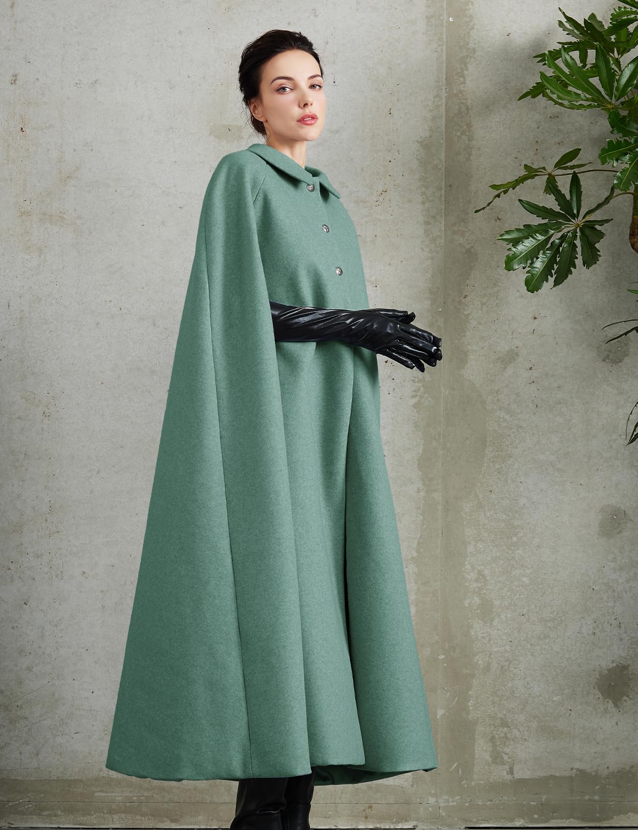 Women Wool Blend Single-Breasted Cape Coat Vintage Jacket Outwear with Pockets for Fall Winter