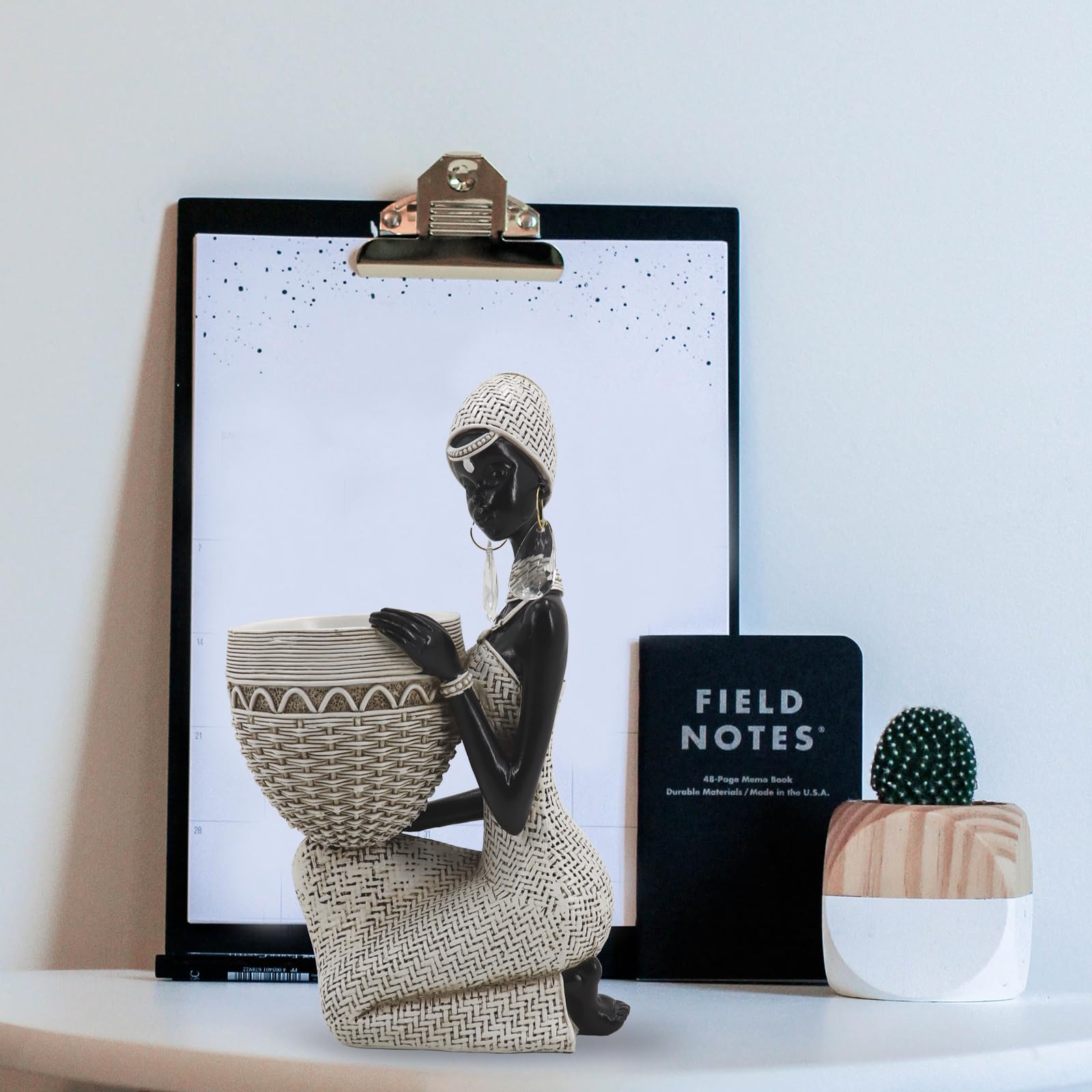 Handmade African Tribal Woman Sculpture - Gold Adorned Seated Figure with Basket, Vintage Resin Statue for Home Decor, Unique Housewarming Gift for Shelf/Table (9.65" H)