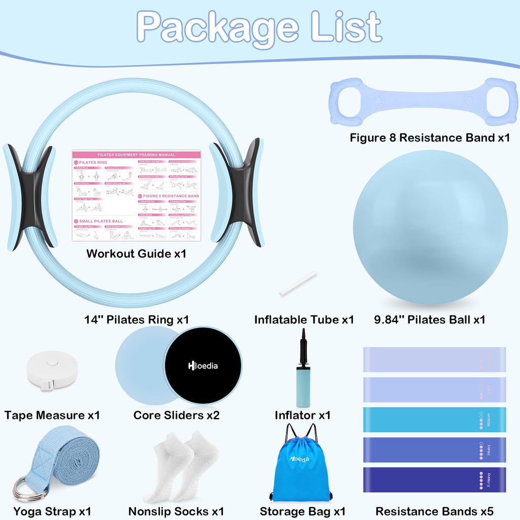 Hoedia 17 PCS Pilates Kit for Women, Pilates Equipment Ring and Ball Set with Resistance Bands, Yoga Strap, Core Sliders, Socks, Bag & Guide for Starter Home Workout Fitness Gym Essentials