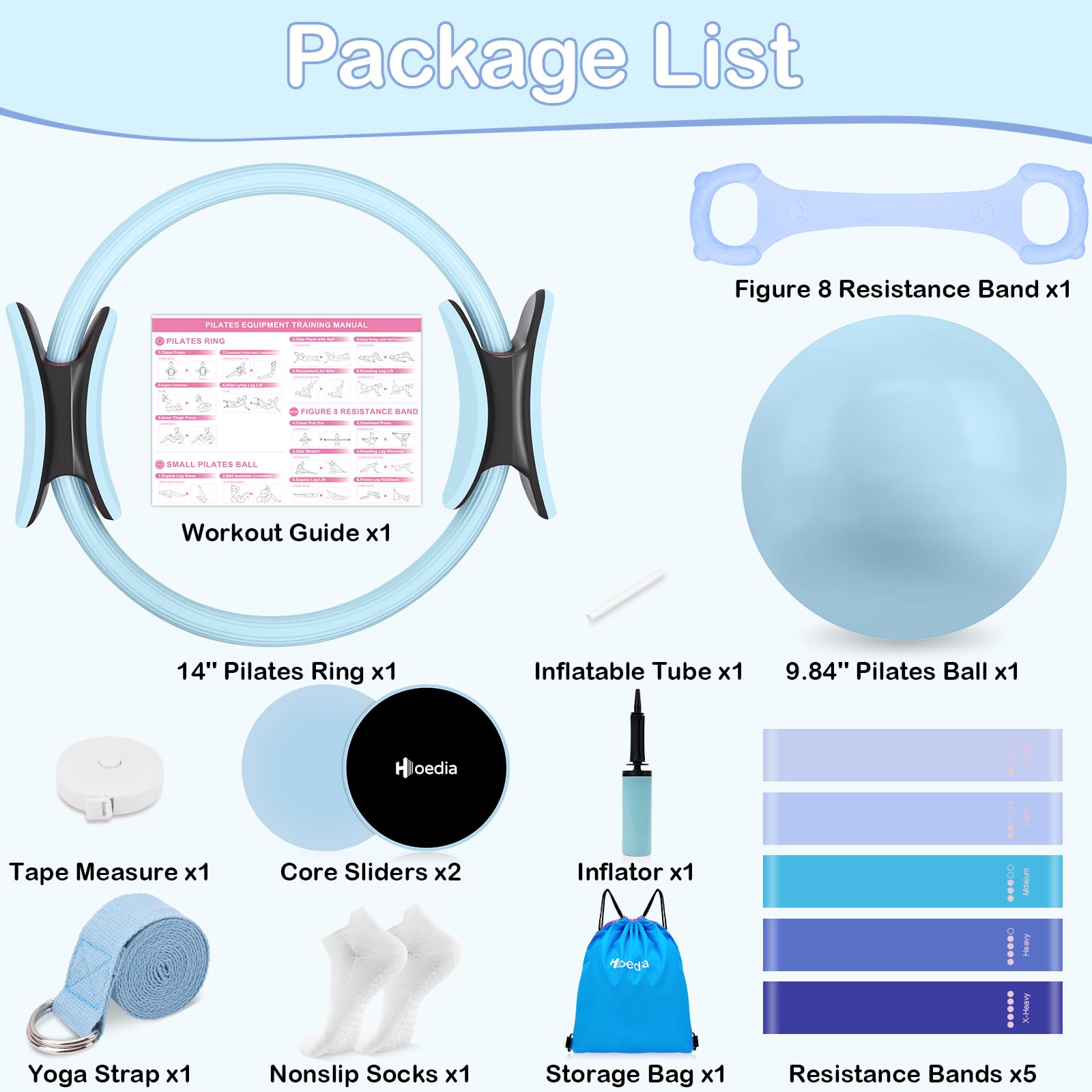 Hoedia 17 PCS Pilates Kit for Women, Pilates Equipment Ring and Ball Set with Resistance Bands, Yoga Strap, Core Sliders, Socks, Bag & Guide for Starter Home Workout Fitness Gym Essentials