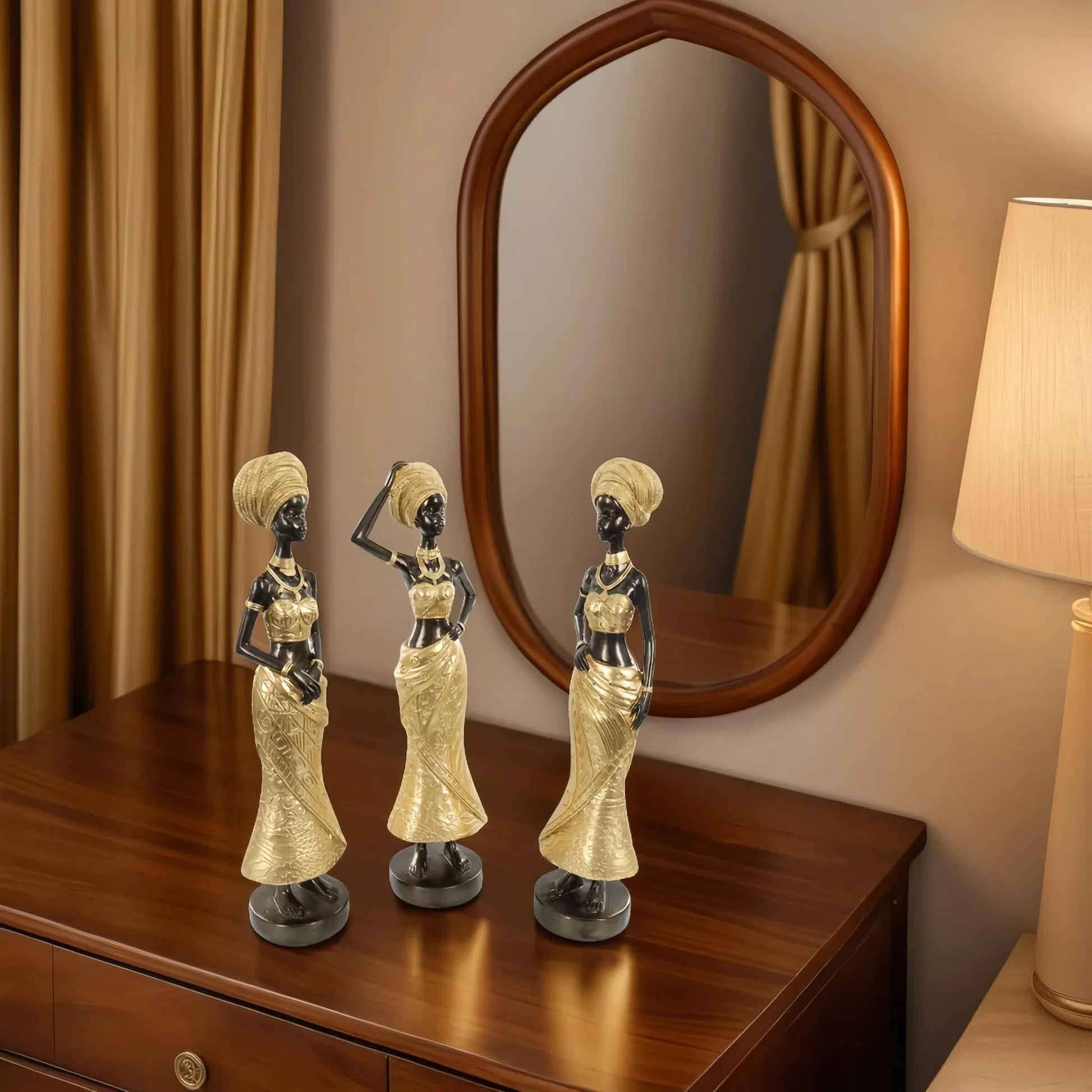 Set of 3 Resin African Woman Statues – Elegant Tribal Figurines in Gold Dresses, Afrocentric Home Decor Sculptures for Living Room, Bookshelf, Gift
