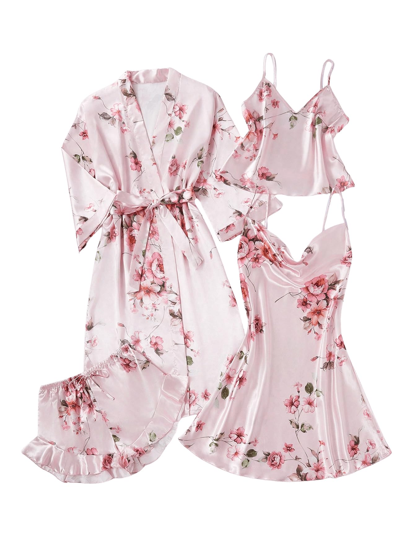 GORGLITTER Women's 5 Piece Floral Print Satin Pajama Set Nightgown Robe Cami Shorts Sleepwear with Storage Bag