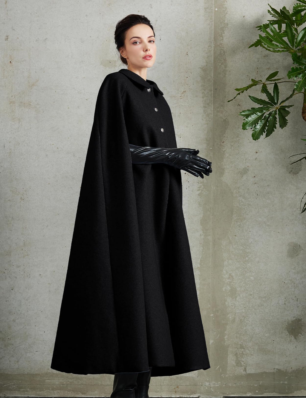 Women Wool Blend Single-Breasted Cape Coat Vintage Jacket Outwear with Pockets for Fall Winter