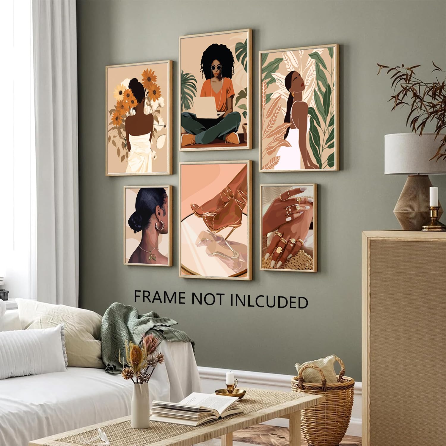 Framed Black Girl Wall Art Set of 3, Black Woman with Floral Pictures Wall Decor Paintings, Fashion African American Female Canvas Prints Home Decor for Living Room Bedroom Office 16x24 inch