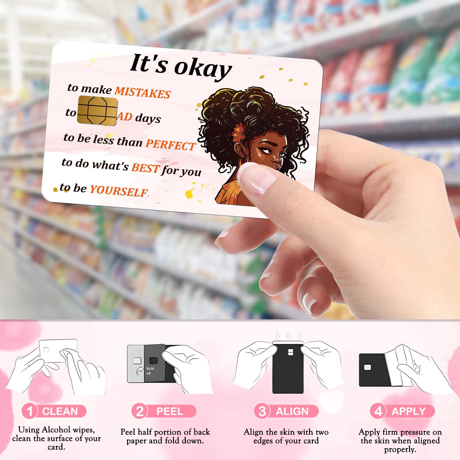 Credit Card Skin Stickers - 4 Pcs Black Women Debit Card Skin Stickers Cover Set, Affirmative Inspirational Black Girl Waterproof Removable Decals for DIY Transportation Cards