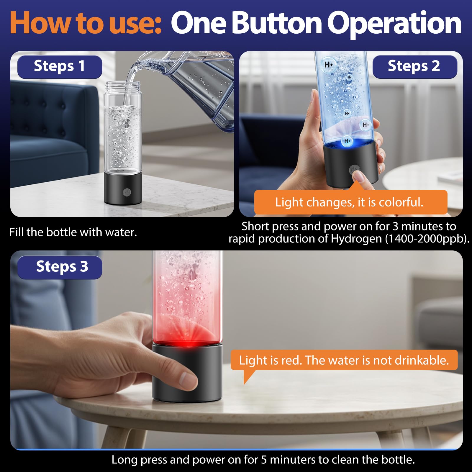 Hydrogen Water Bottle Generator, Portable Rechargeable aquahealth Hydrogen Water, Hydrogen Water Ionizer Machine, with SPE/PEM Technology, for Home Office Travel Fitness Drinking