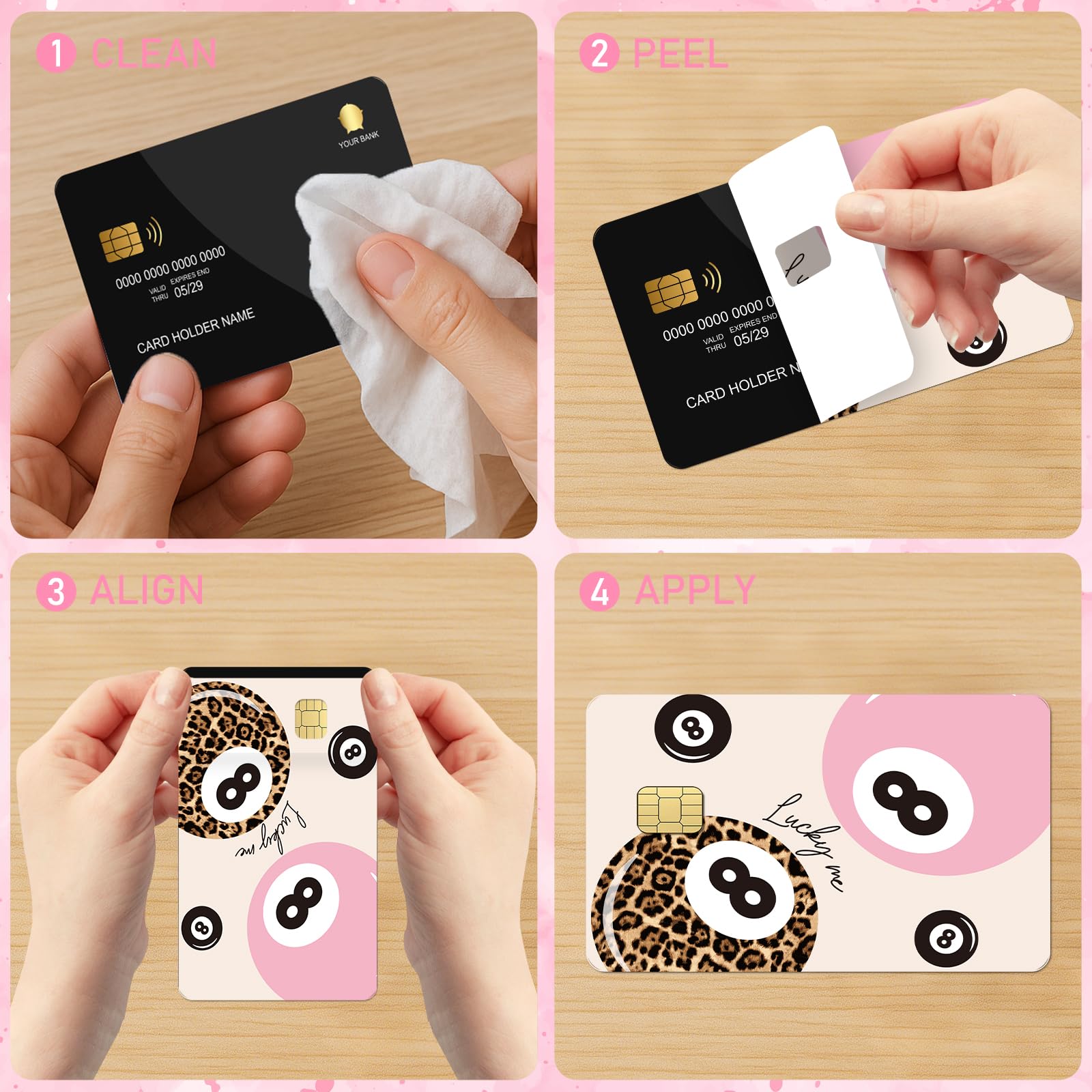 Coquete Leopard Credit Card Skin - 4 Pcs Cherry Bow 8 Ball Billiards Debit Skin Stickers Leopard Lip Print Credit Decal Cover Set for Transportation Key Debit Bus Cards Women