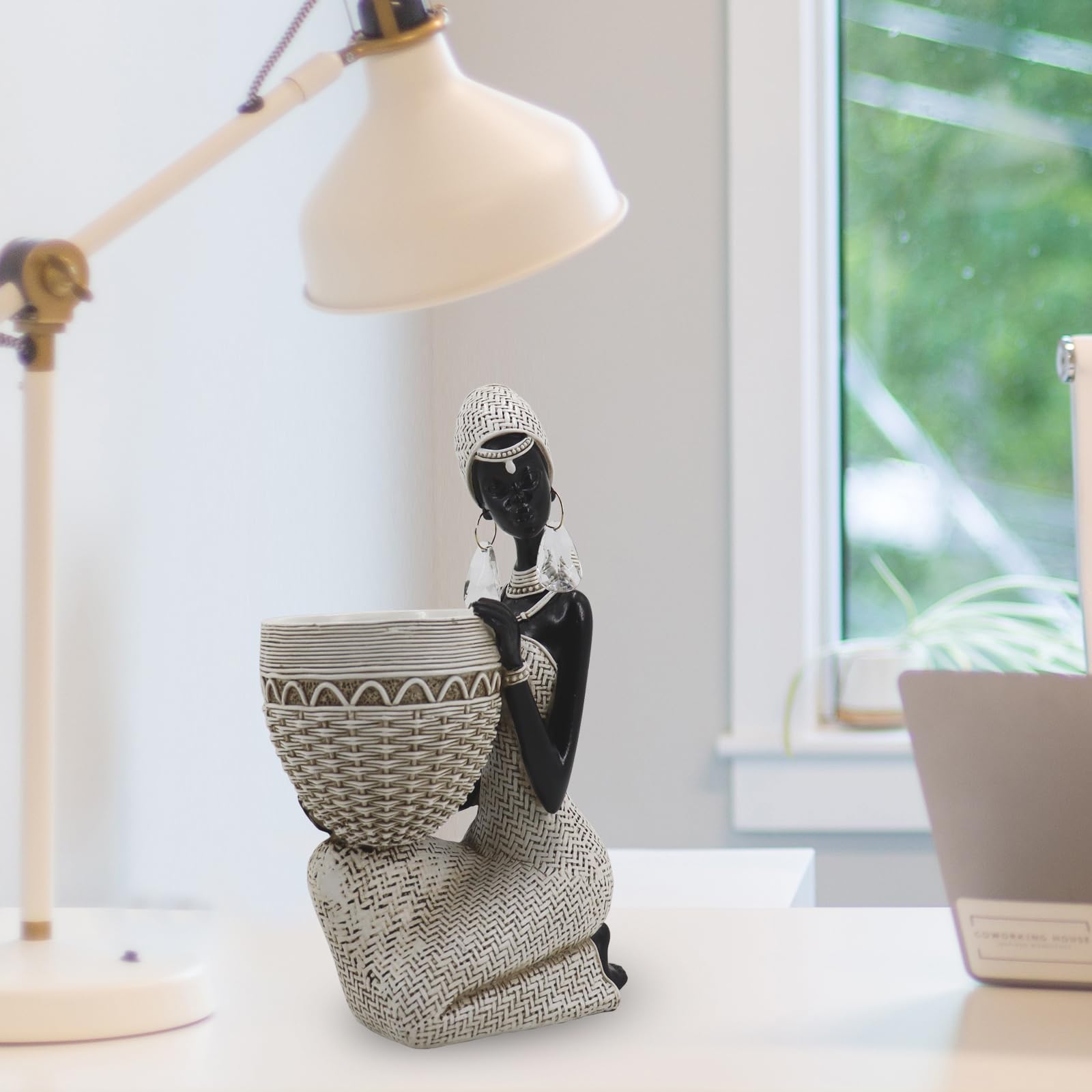 Handmade African Tribal Woman Sculpture - Gold Adorned Seated Figure with Basket, Vintage Resin Statue for Home Decor, Unique Housewarming Gift for Shelf/Table (9.65" H)