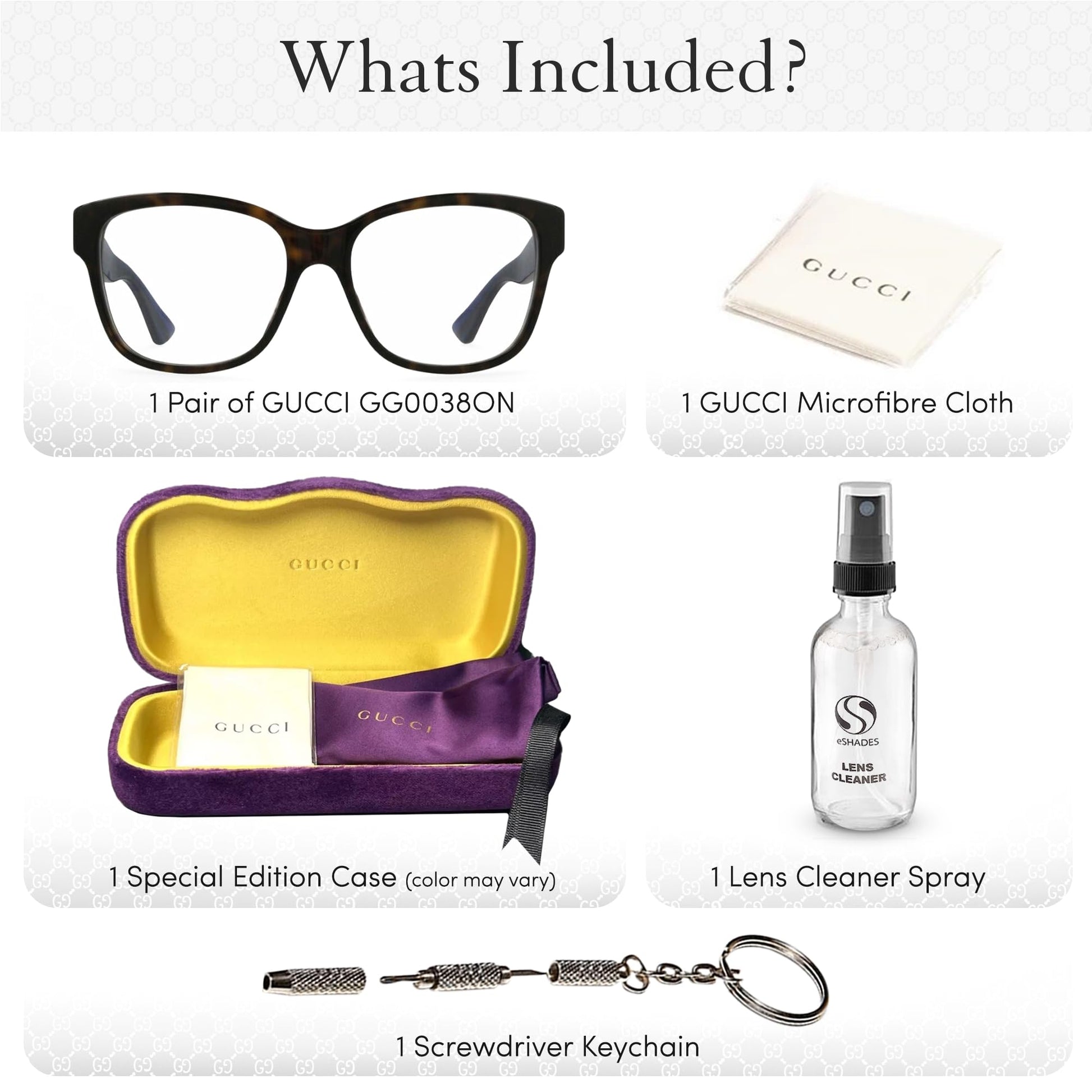 Gucci GG0038ON Square Shape Eyeglasses + Bundle with eSHADES Luxury Eyewear Kit
