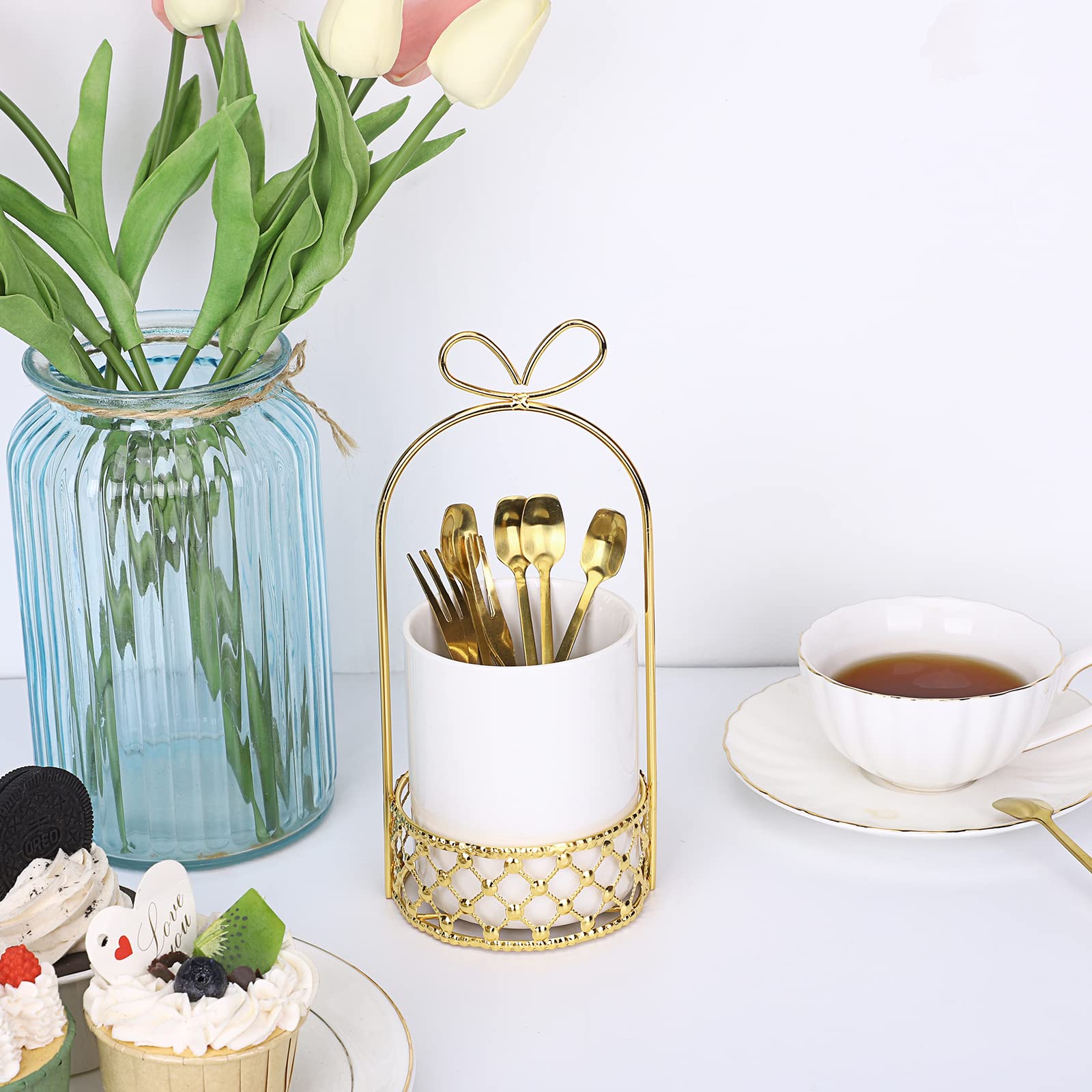 JUXYES Ceramic Silverware Holder For Tabletop, White Cutlery Holder With Golden Metal Bracket, Decorative Flatware Holder Countertop Utensil Holder Organizer for Wedding Kitchen Dining Tables