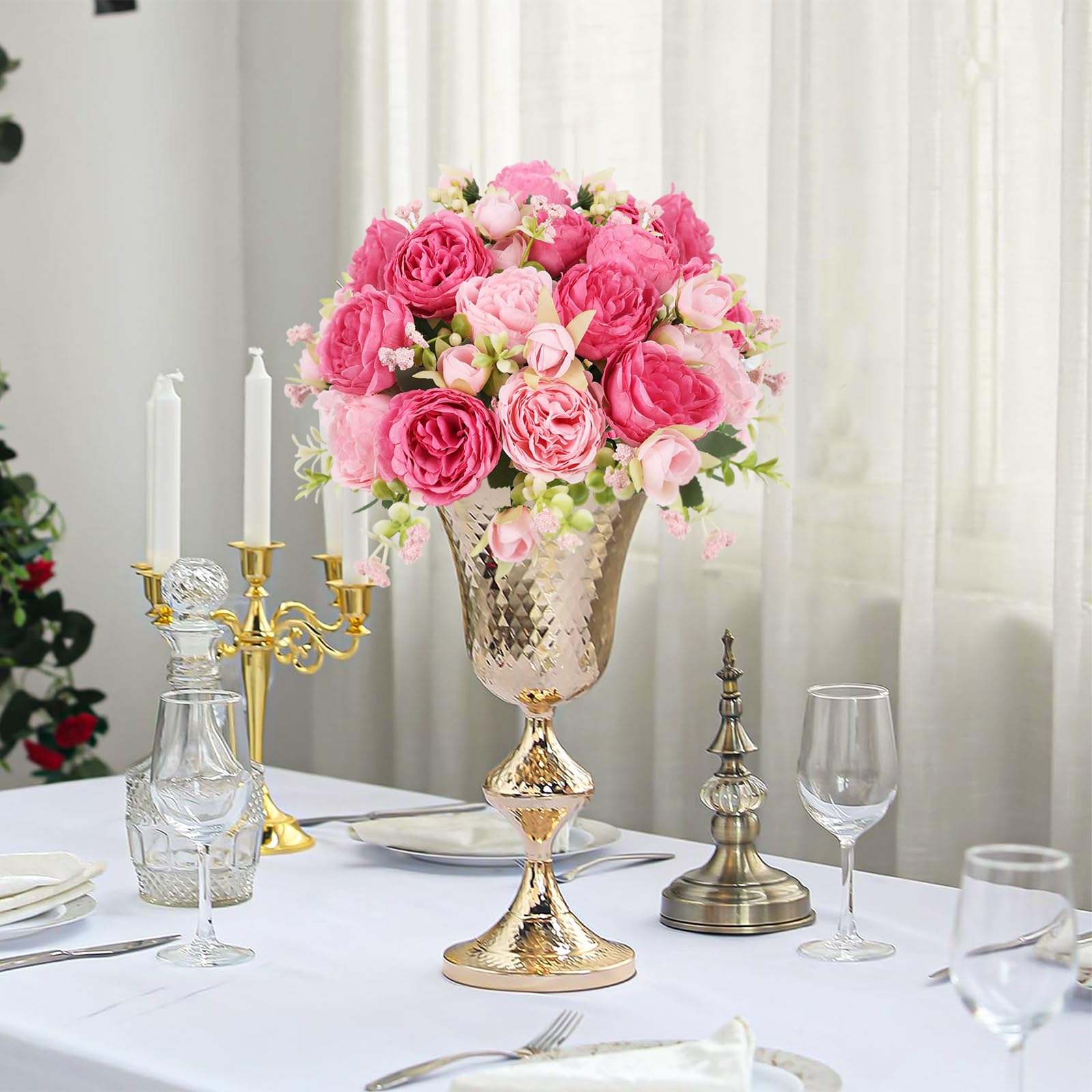 4 Bundles Artificial Peonies Silk Flowers, White Faux Peony Bouquet Florals Arrangements Decor for Farmhouse Home Boho Wedding Table Centerpiece, Fake Plastic Flowers Bulk Vase Decoration (White)