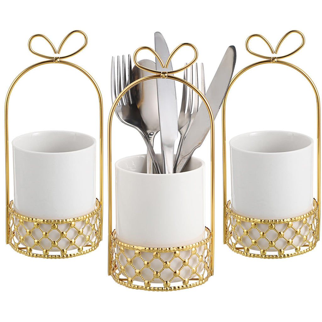 JUXYES Ceramic Silverware Holder For Tabletop, White Cutlery Holder With Golden Metal Bracket, Decorative Flatware Holder Countertop Utensil Holder Organizer for Wedding Kitchen Dining Tables