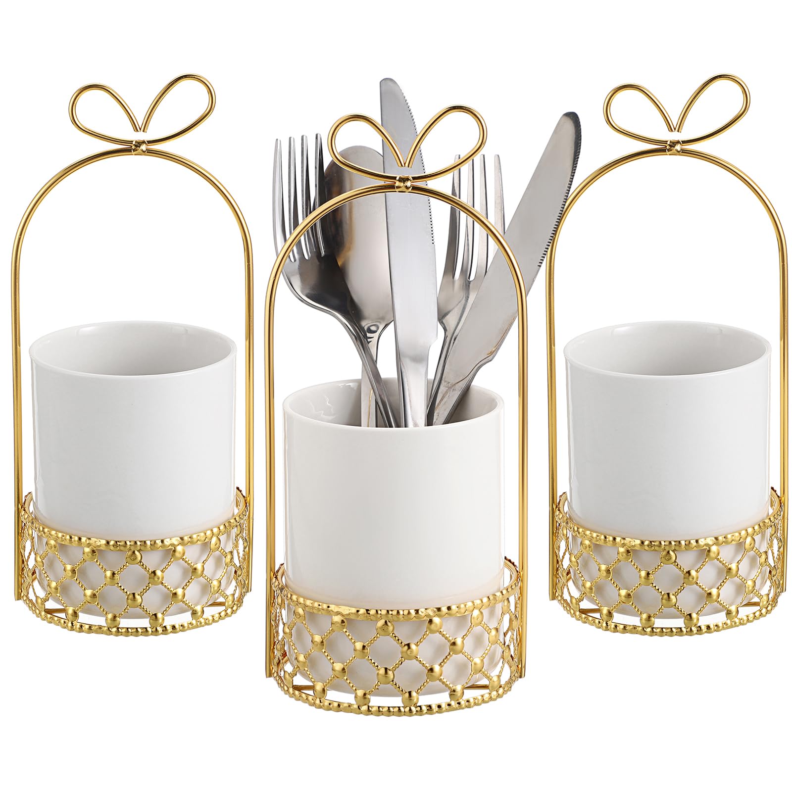 JUXYES Ceramic Silverware Holder For Tabletop, White Cutlery Holder With Golden Metal Bracket, Decorative Flatware Holder Countertop Utensil Holder Organizer for Wedding Kitchen Dining Tables