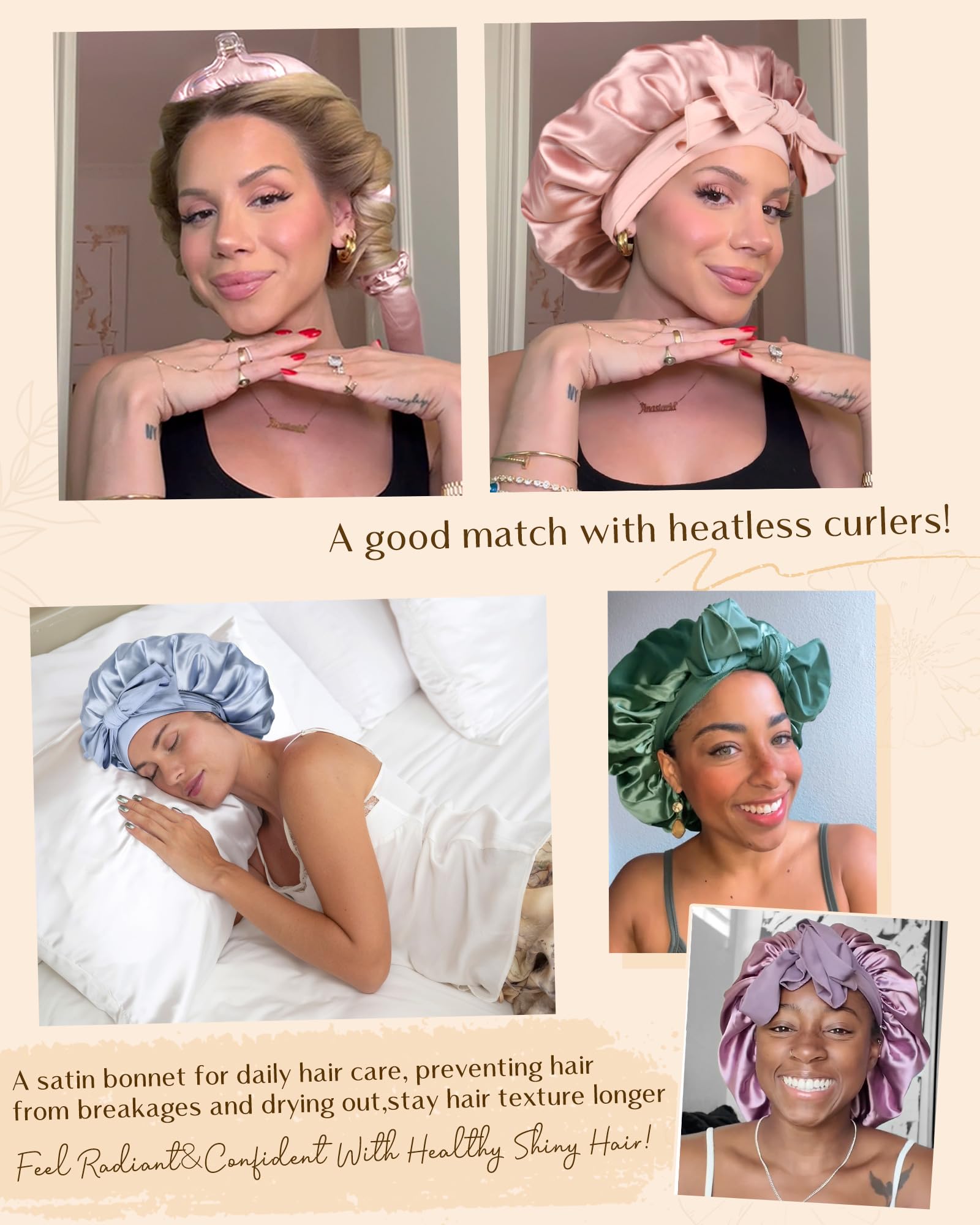 YANIBEST Silk Bonnet for Sleeping Women Satin Bonnet Double Layer Satin Lined Hair Bonnet with Tie Band Curly Hair Blush Pink
