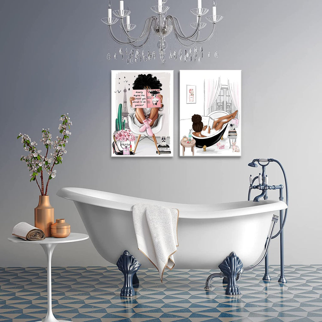 2 Pieces Framed African American Wall Art Modern Fashion Paris Pink White Afro Black Girls Women Canvas Wall Decor Pictures Posters Prints Artwork for Bathroom Living Room Bedroom Home Decoration